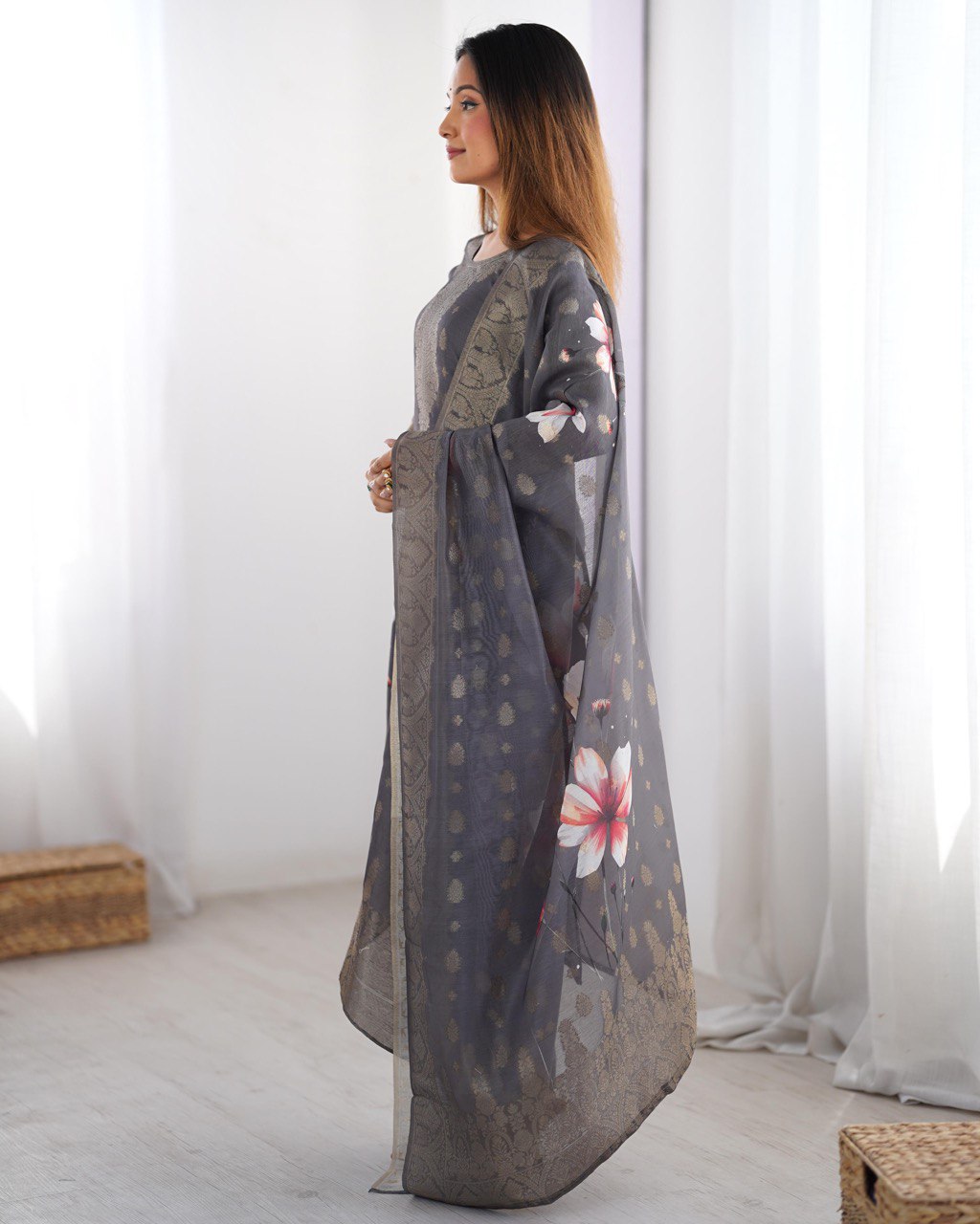 Black Chanderi Silk Kurta Set For Women