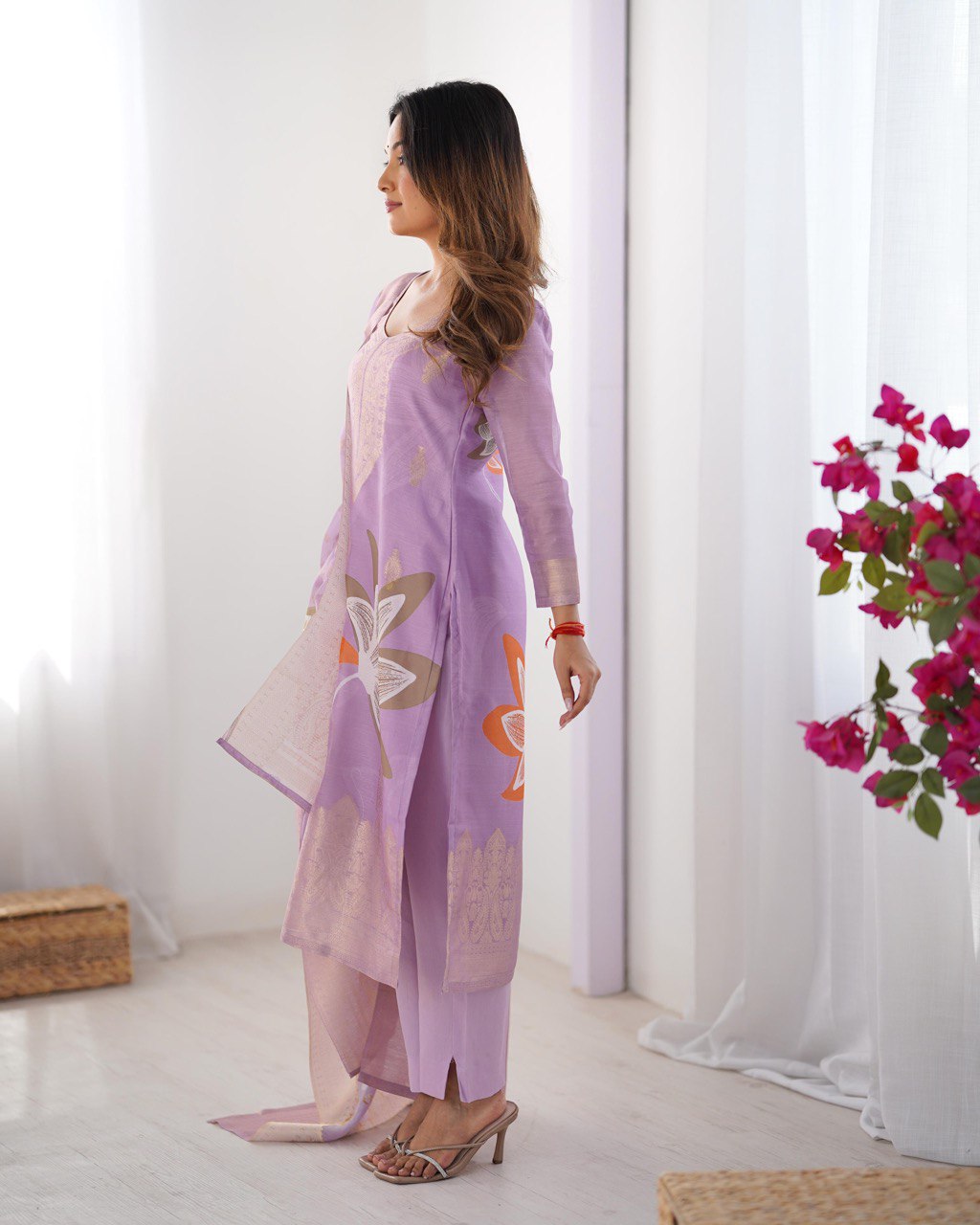 Peach Chanderi Silk Kurta Set For Women