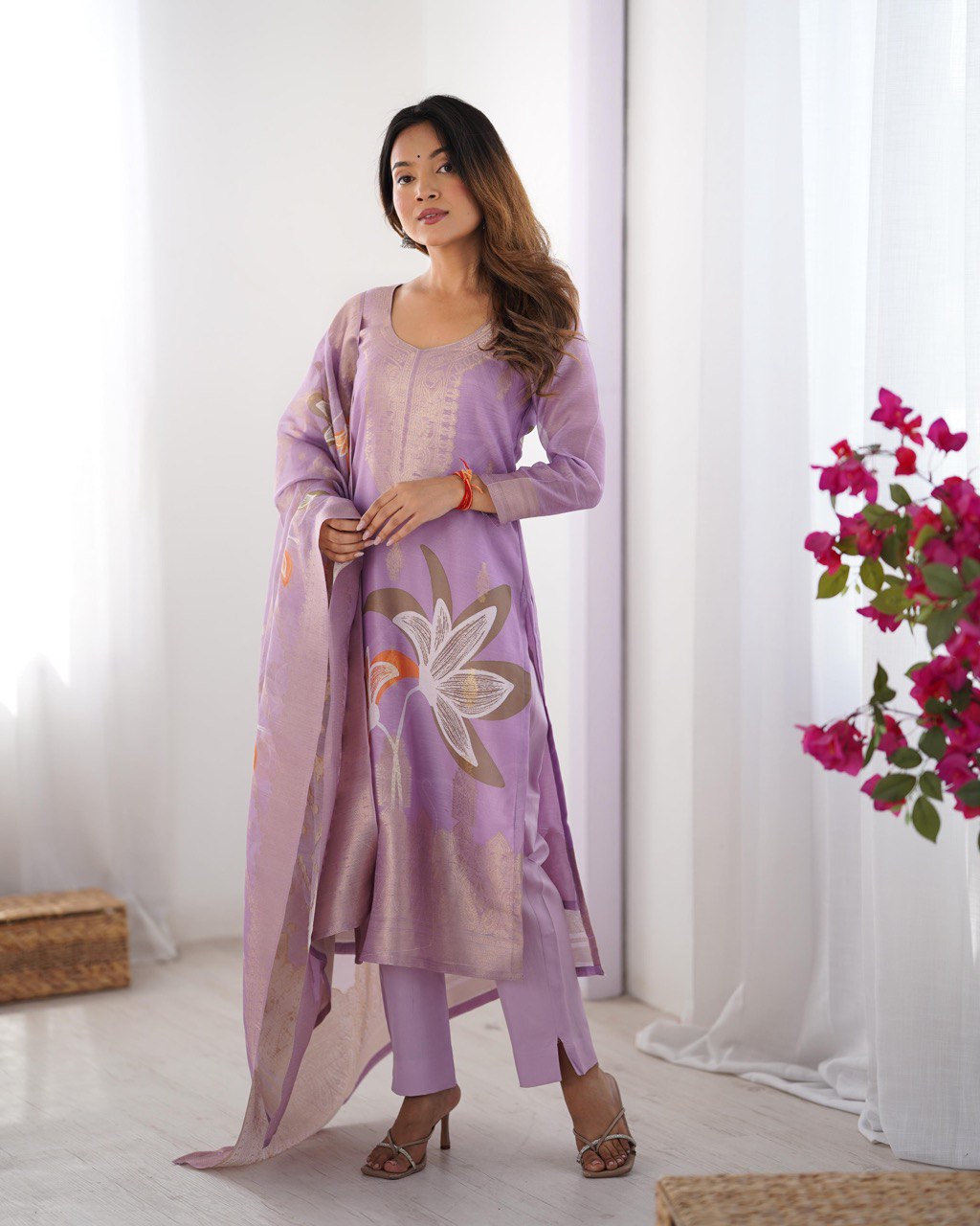 Peach Chanderi Silk Kurta Set For Women