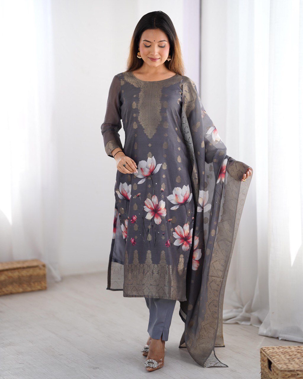 Black Chanderi Silk Kurta Set For Women