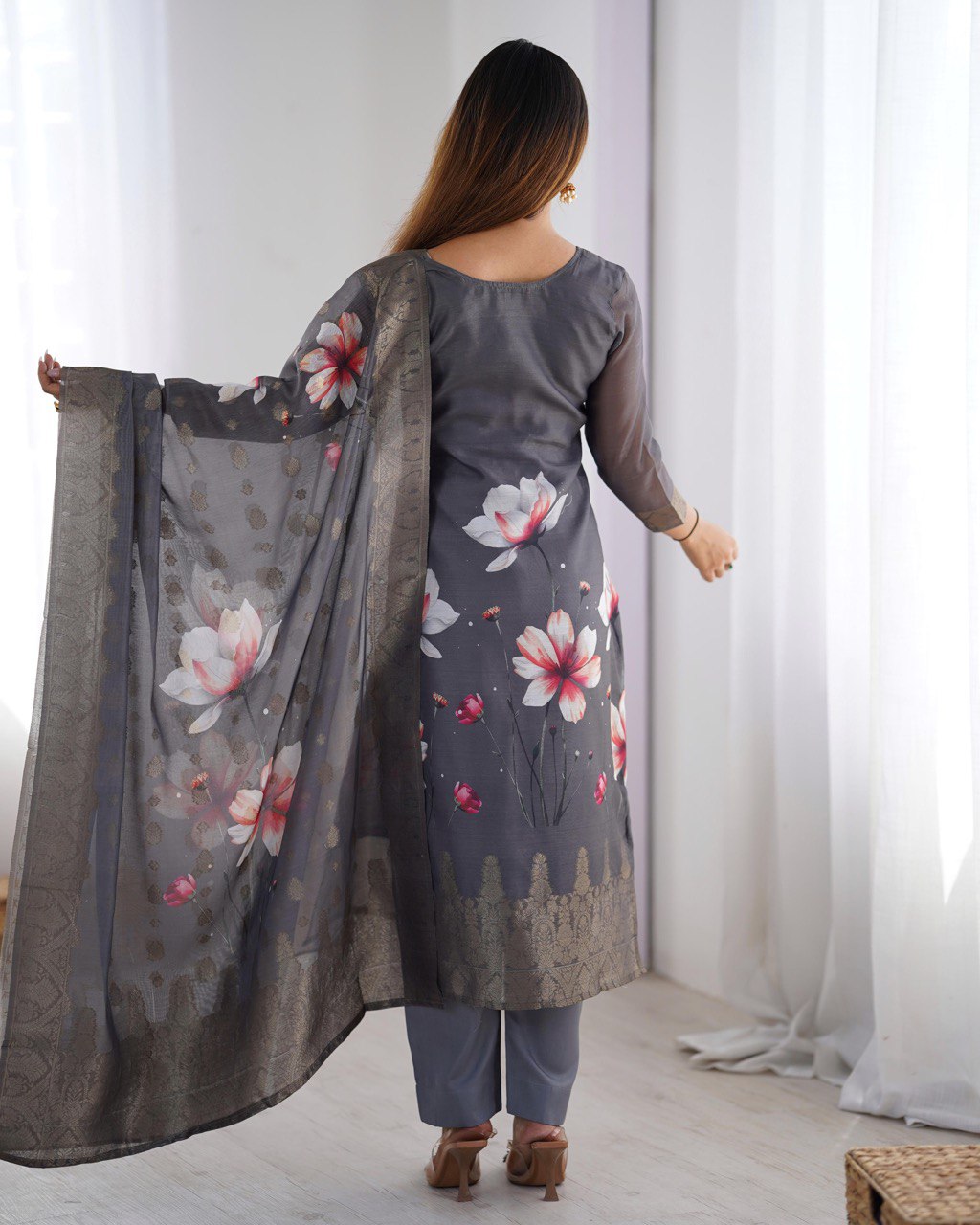 Black Chanderi Silk Kurta Set For Women