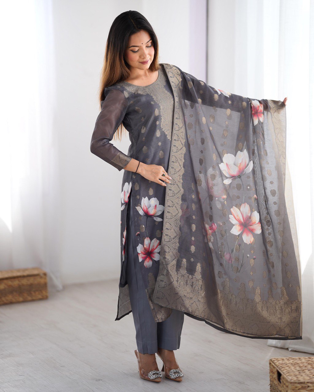 Black Chanderi Silk Kurta Set For Women
