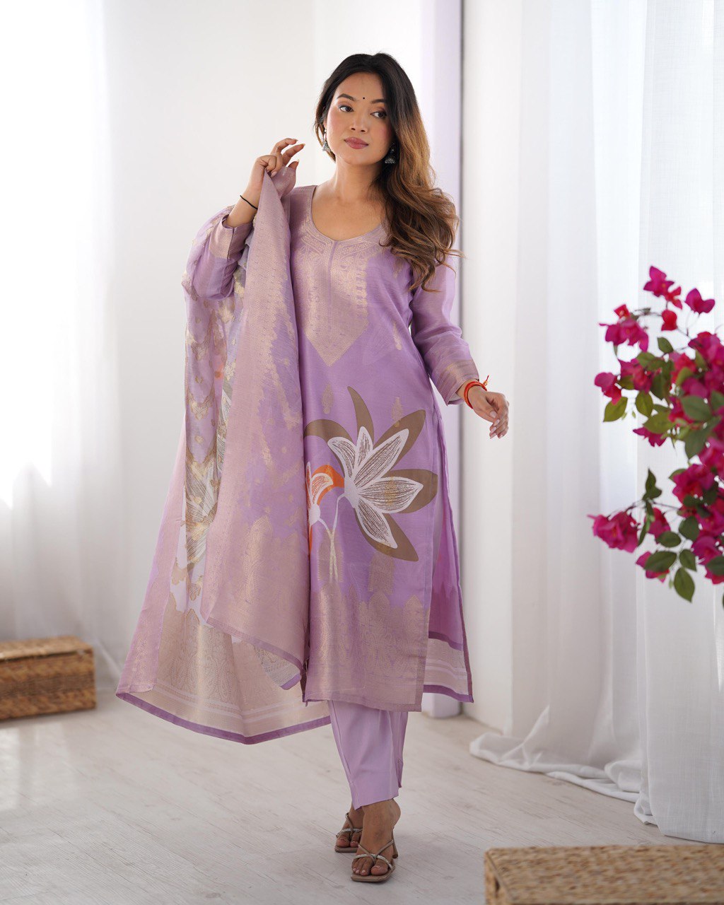 Peach Chanderi Silk Kurta Set For Women