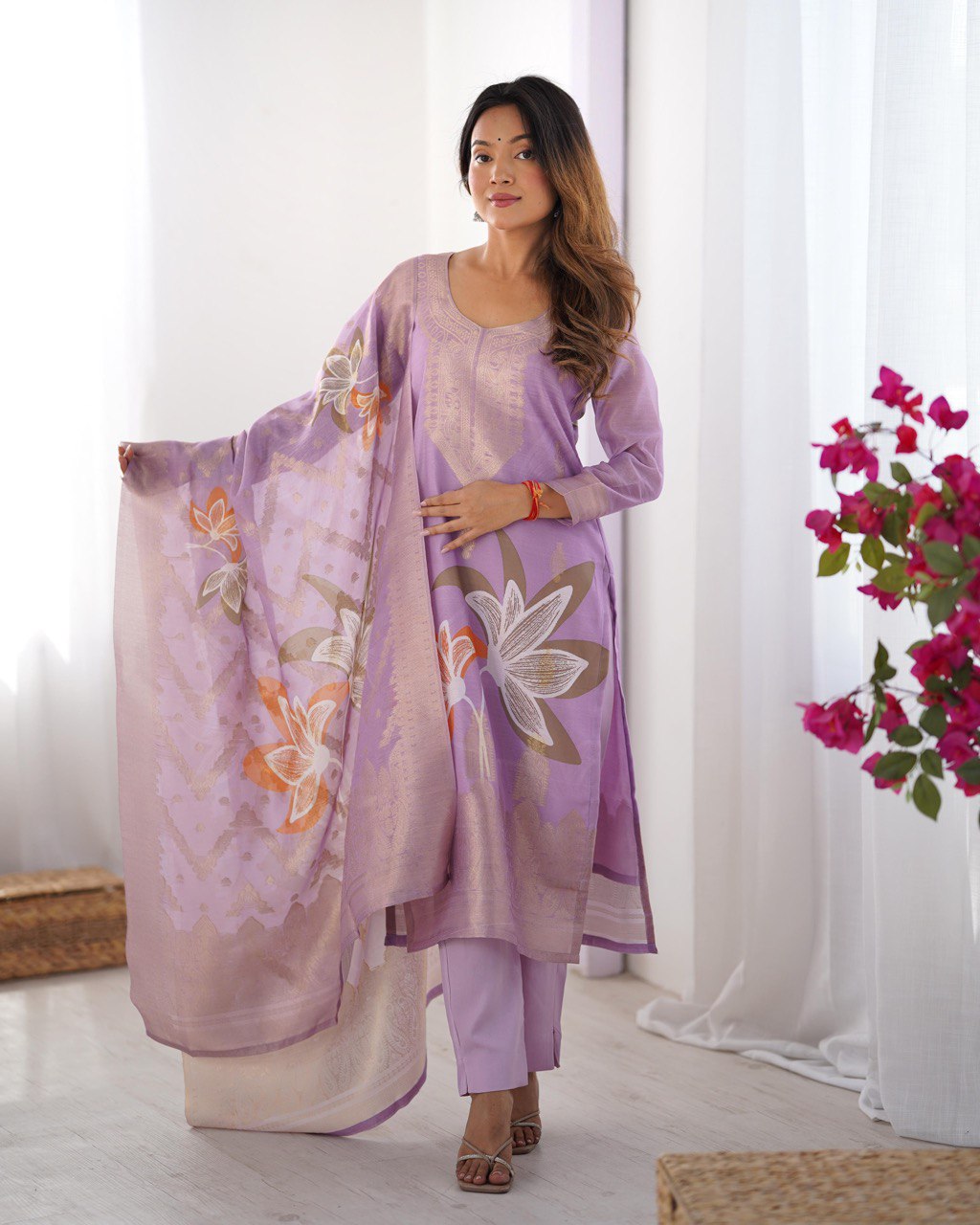 Peach Chanderi Silk Kurta Set For Women
