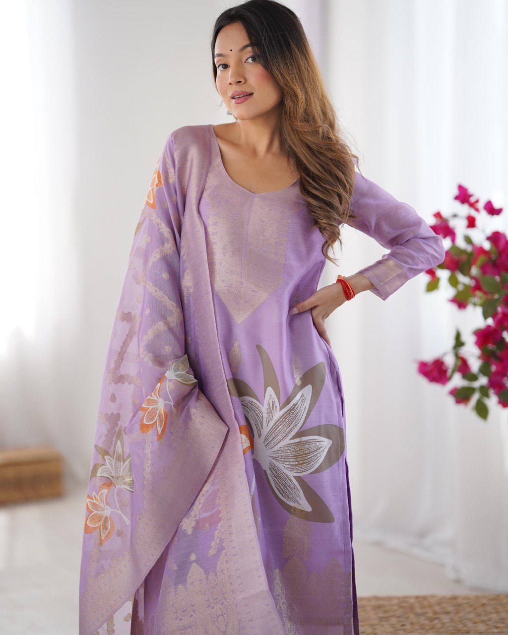 Peach Chanderi Silk Kurta Set For Women