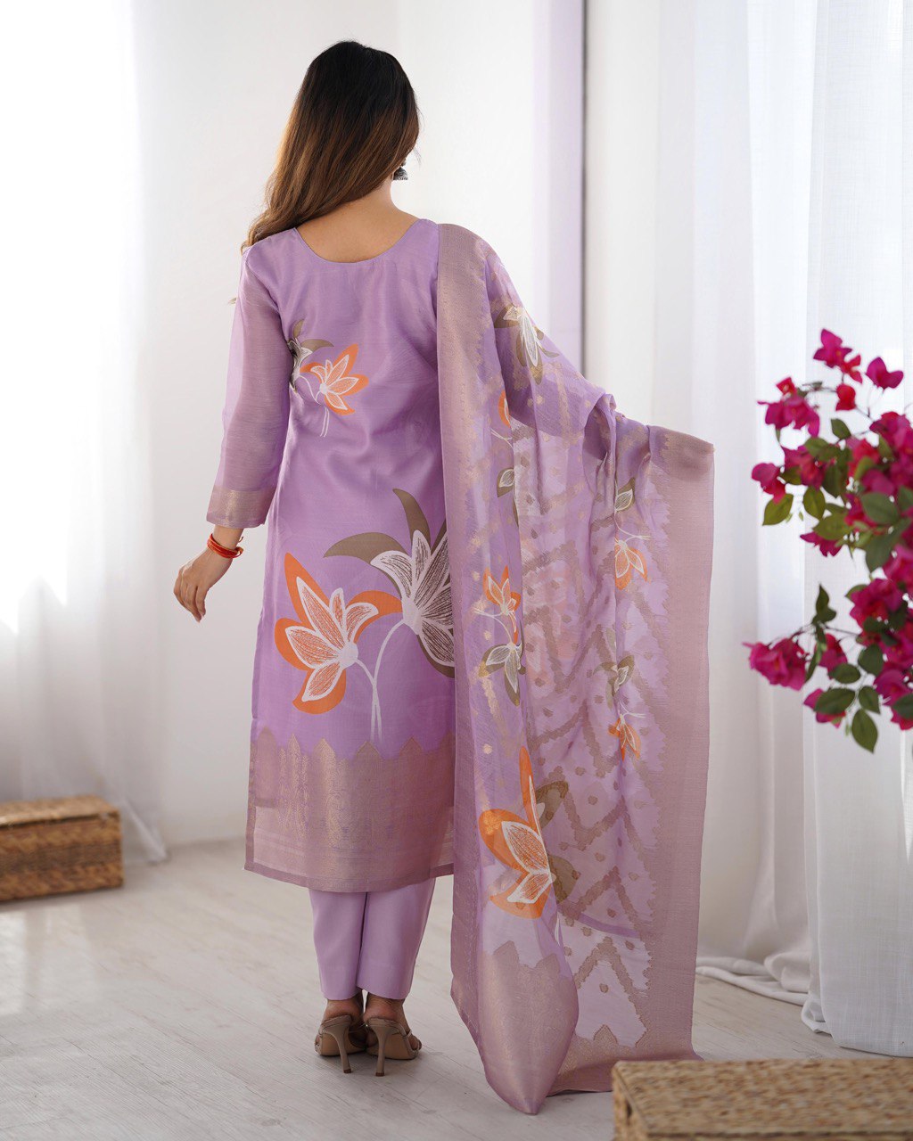 Peach Chanderi Silk Kurta Set For Women