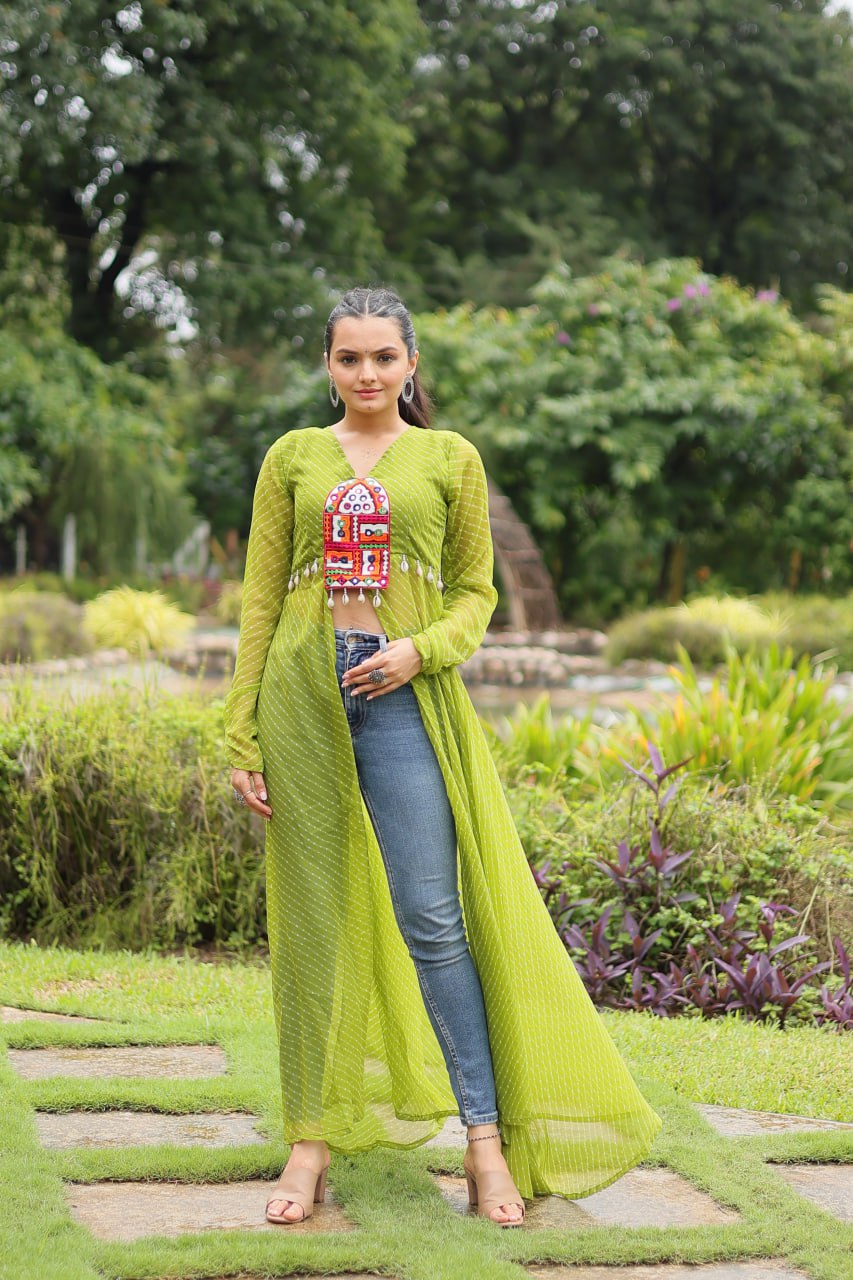 Green Indo-Fusion Style With This Faux Georgette Jacket-Style Kurti