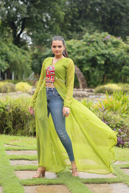 Green Indo-Fusion Style With This Faux Georgette Jacket-Style Kurti