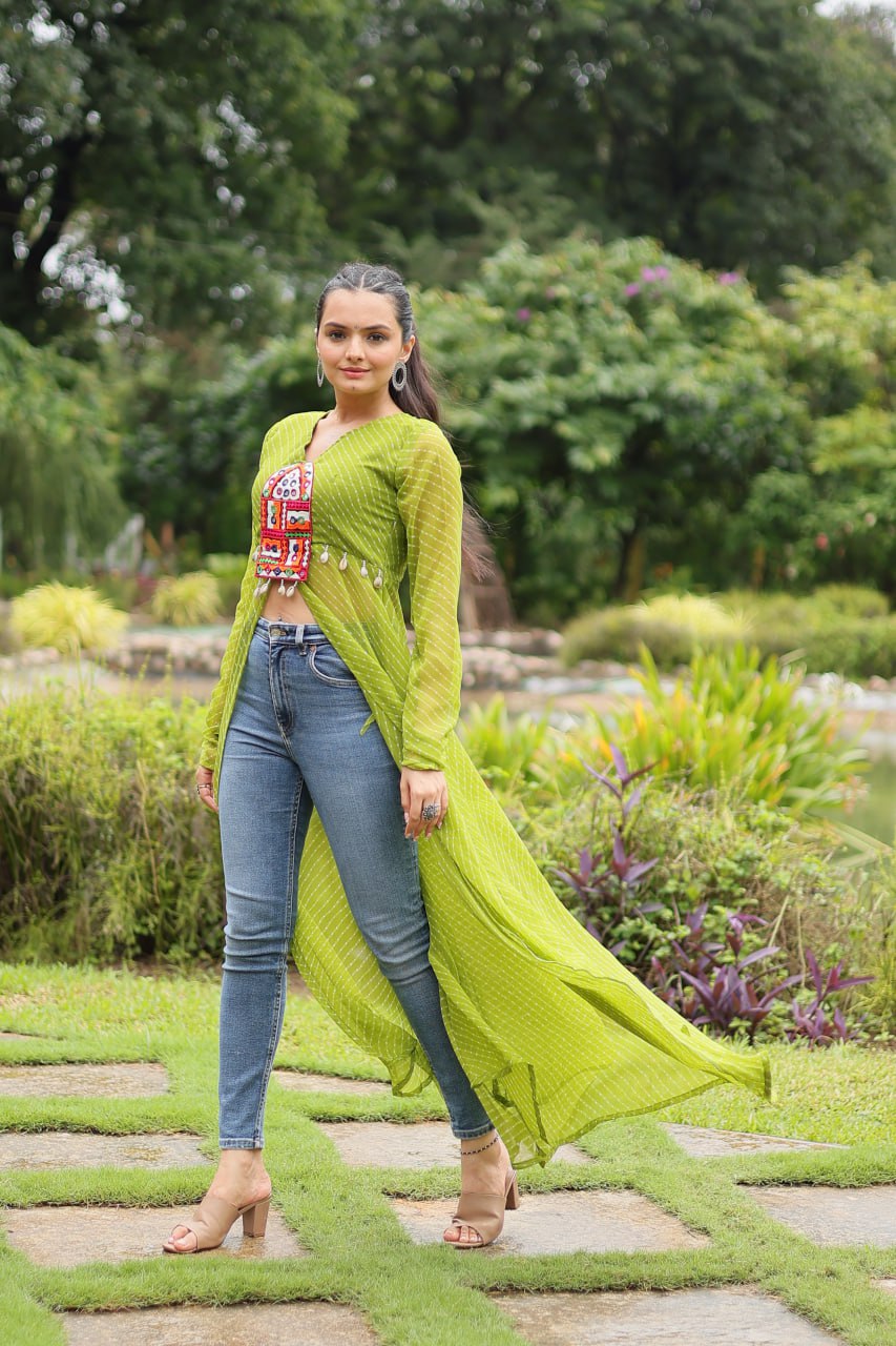 Green Indo-Fusion Style With This Faux Georgette Jacket-Style Kurti