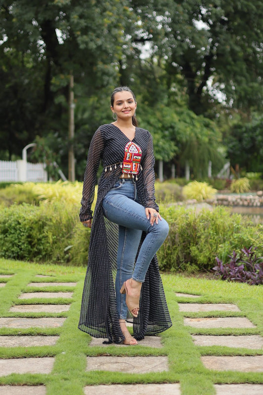 Black Indo-Fusion Style With This Faux Georgette Jacket-Style Kurti
