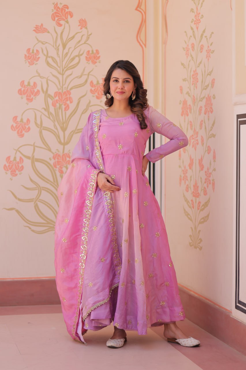 Pink Gold Organza Ethnic Gown With Dupatta