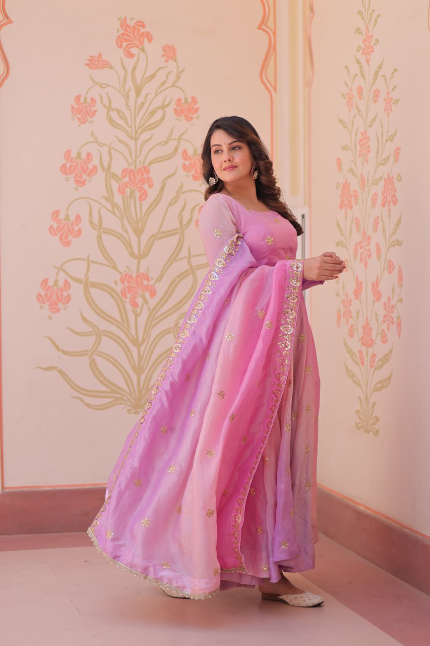 Pink Gold Organza Ethnic Gown With Dupatta