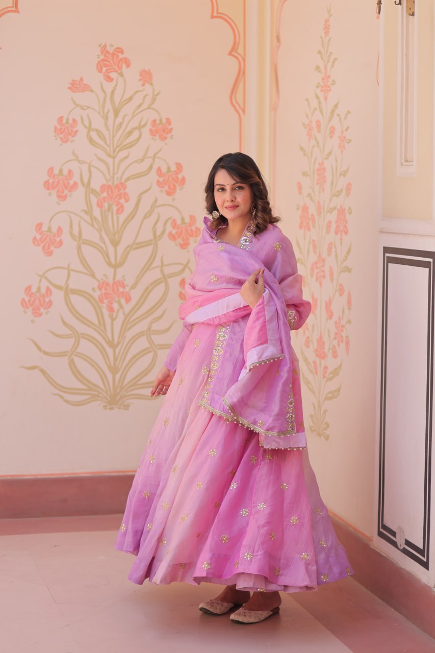 Pink Gold Organza Ethnic Gown With Dupatta