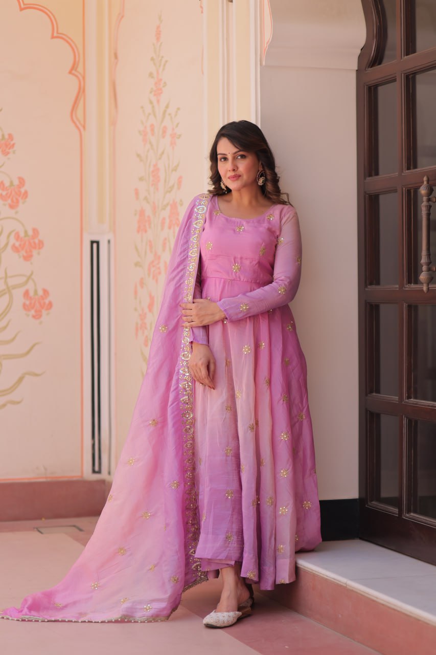 Pink Gold Organza Ethnic Gown With Dupatta
