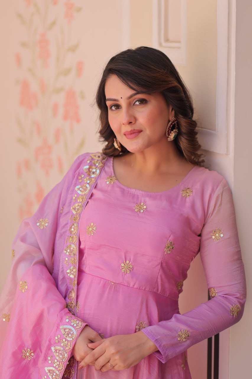 Pink Gold Organza Ethnic Gown With Dupatta