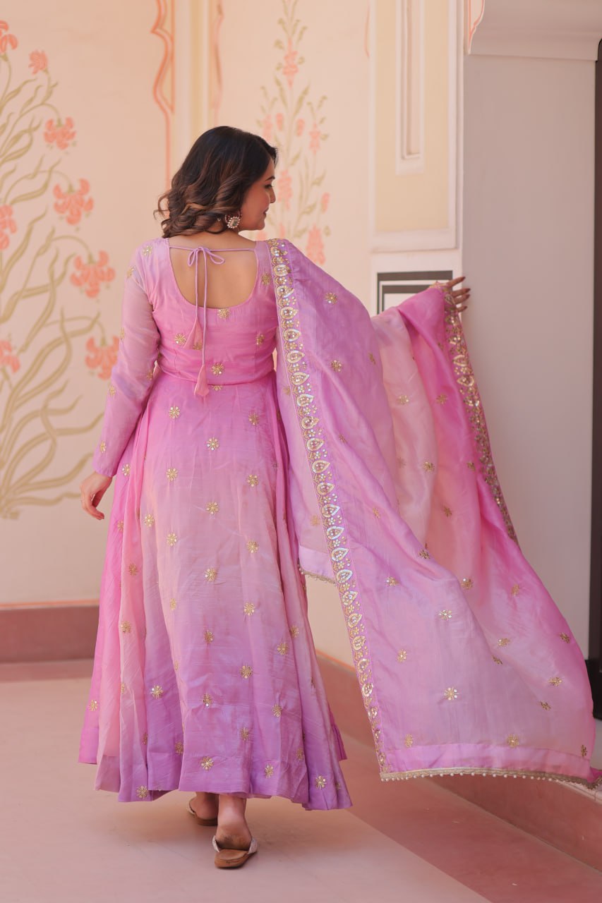 Pink Gold Organza Ethnic Gown With Dupatta