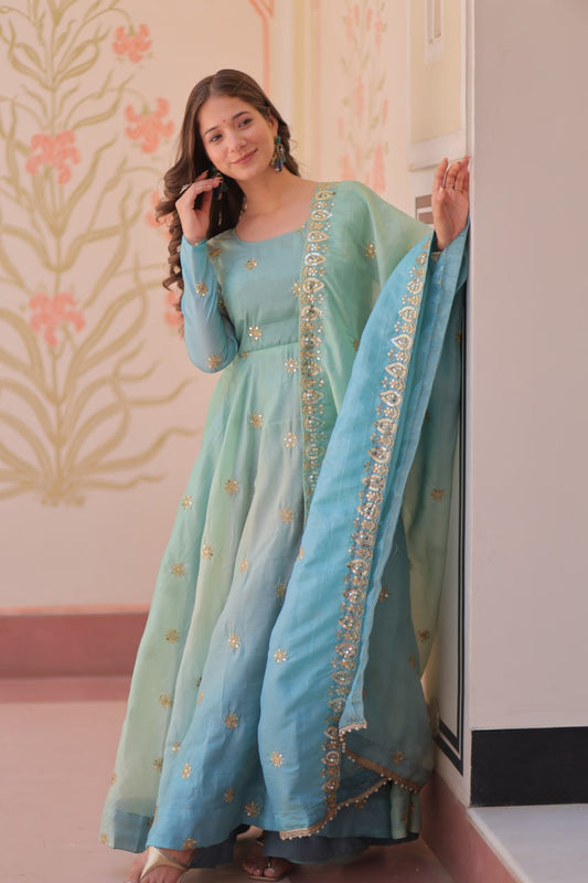 Teal Gold Organza Ethnic Gown With Dupatta