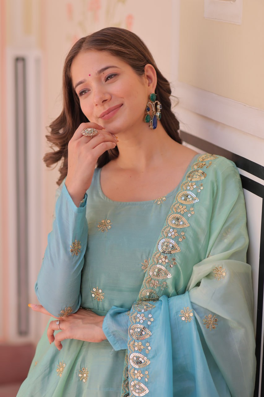 Teal Gold Organza Ethnic Gown With Dupatta
