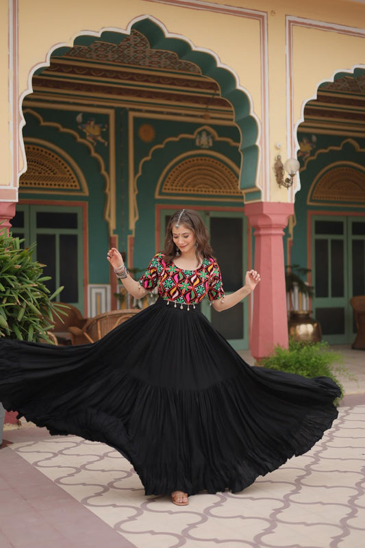 Black Rayon Kutchi Gamthi Kodi Work Dress