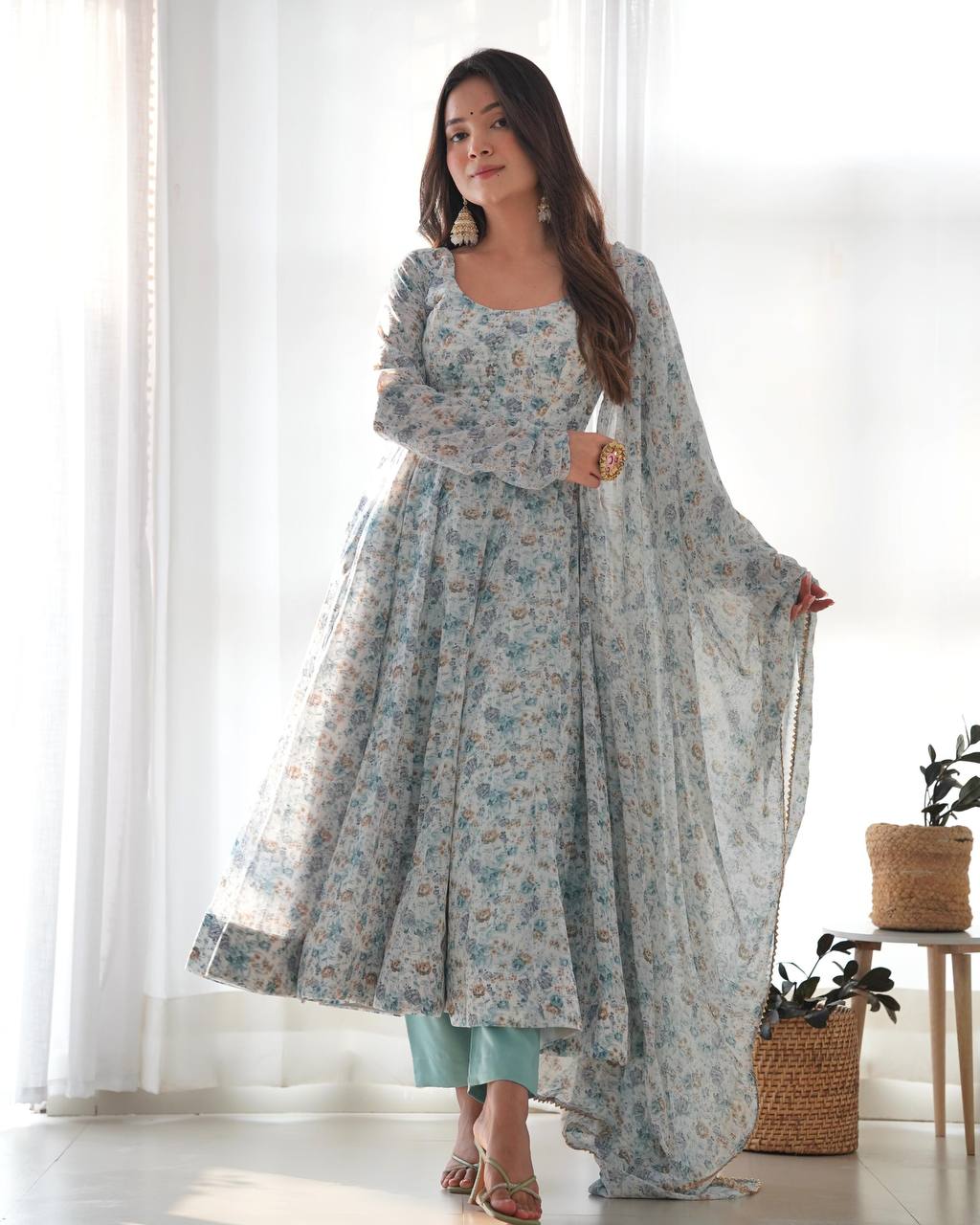 Pastel Floral Printed Organza Anarkali Suit set