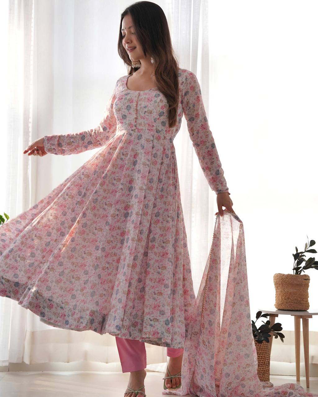Pink Floral Printed Organza Anarkali Suit set
