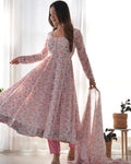 Pink Floral Printed Organza Anarkali Suit set