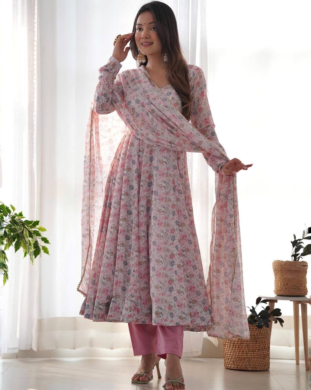 Pink Floral Printed Organza Anarkali Suit set