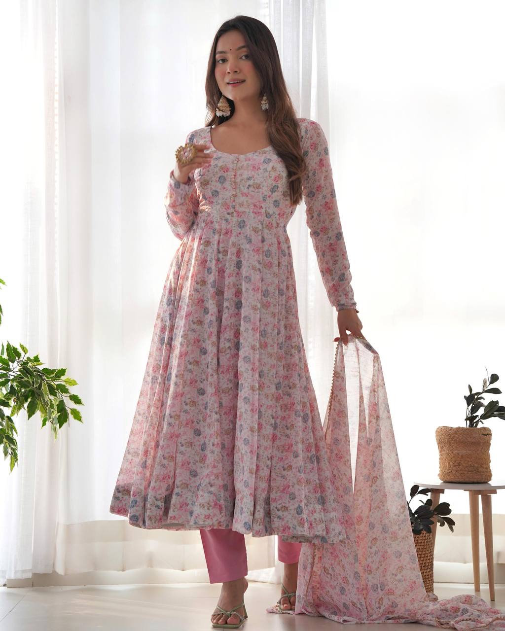 Pink Floral Printed Organza Anarkali Suit set