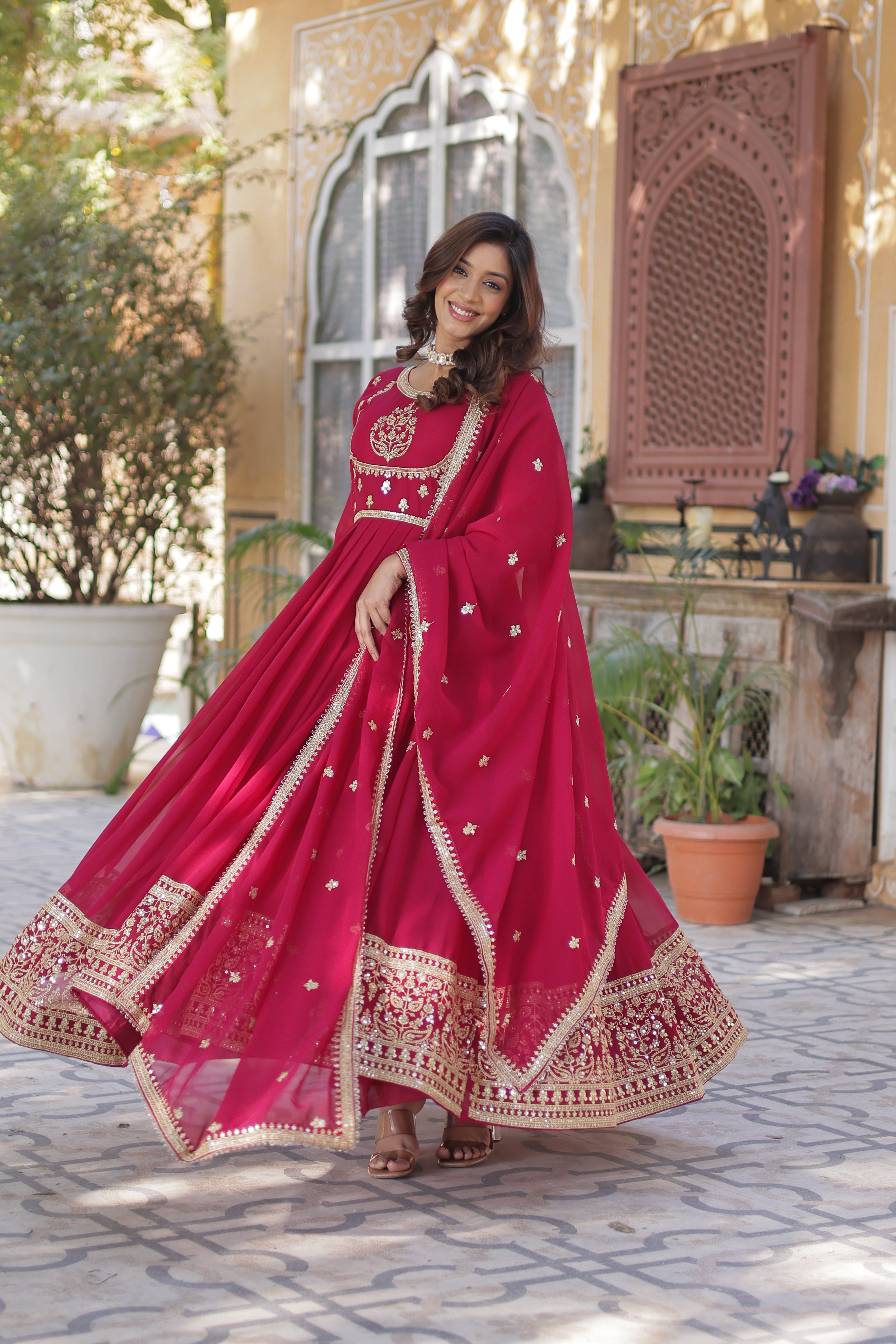 pink embroidered work gown 