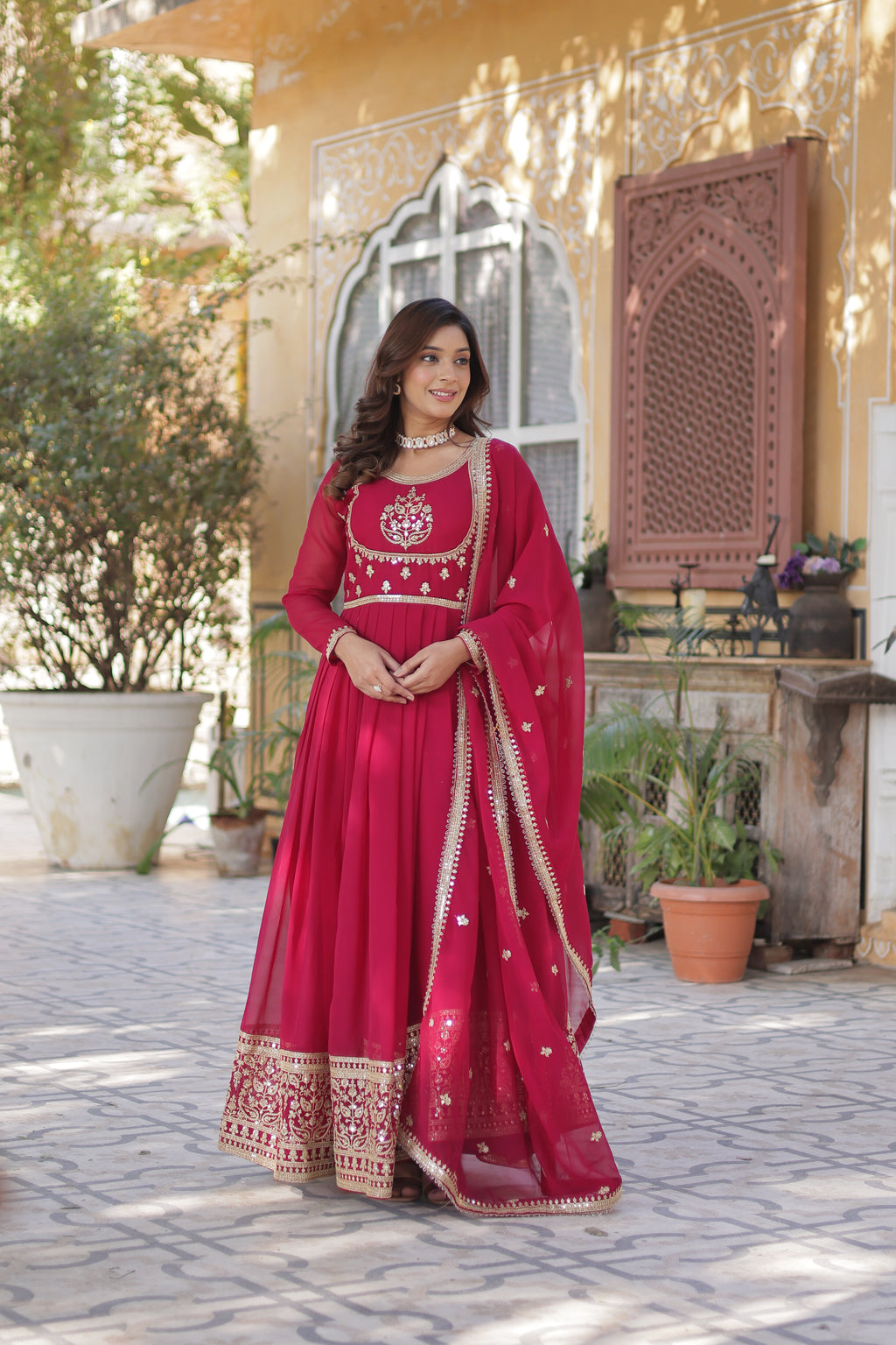 pink embroidered work gown 