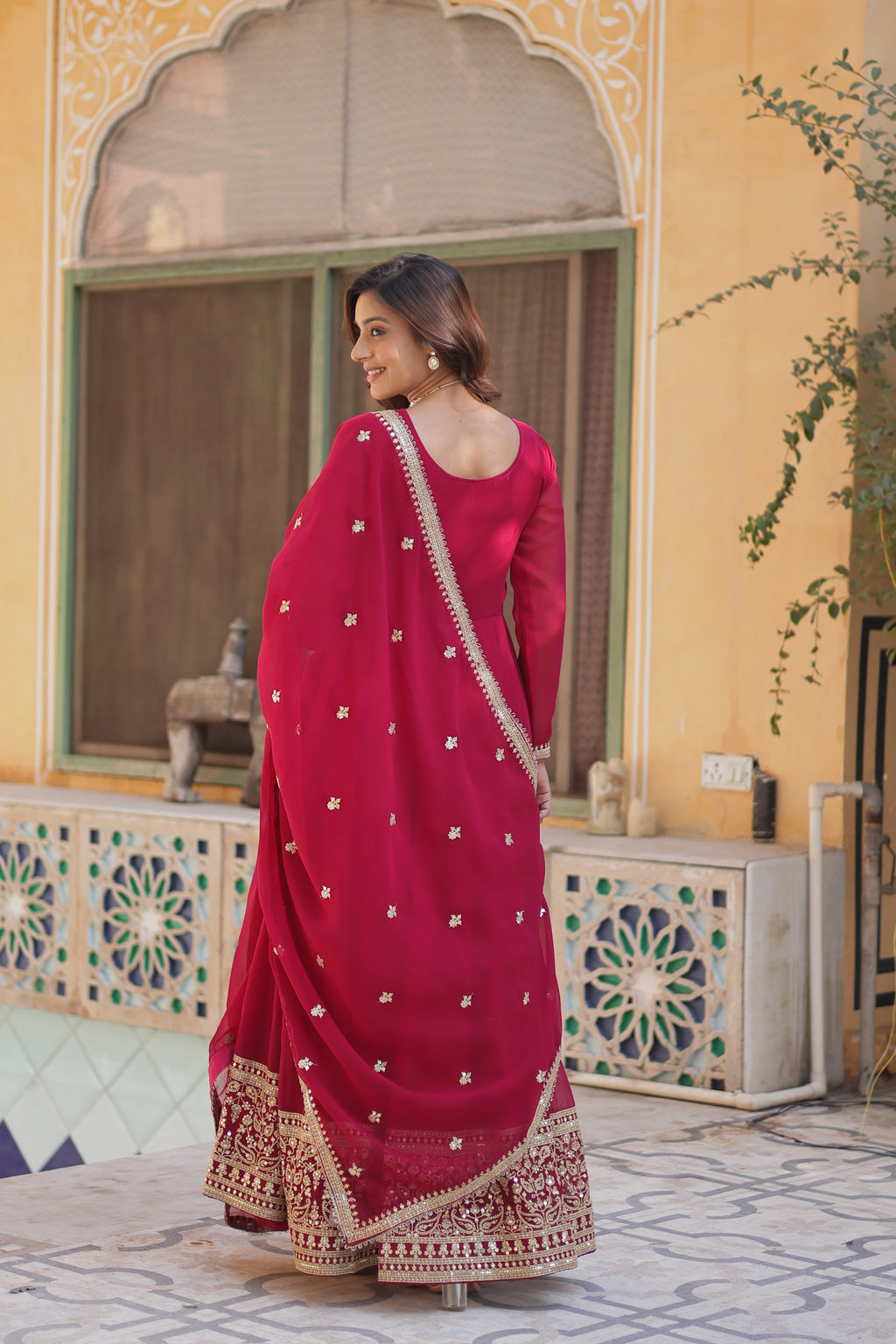 pink embroidered work gown 