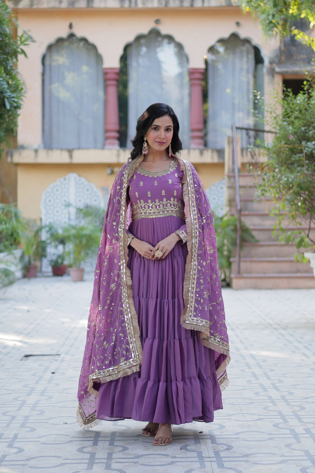 pink purple gown with dupatta 