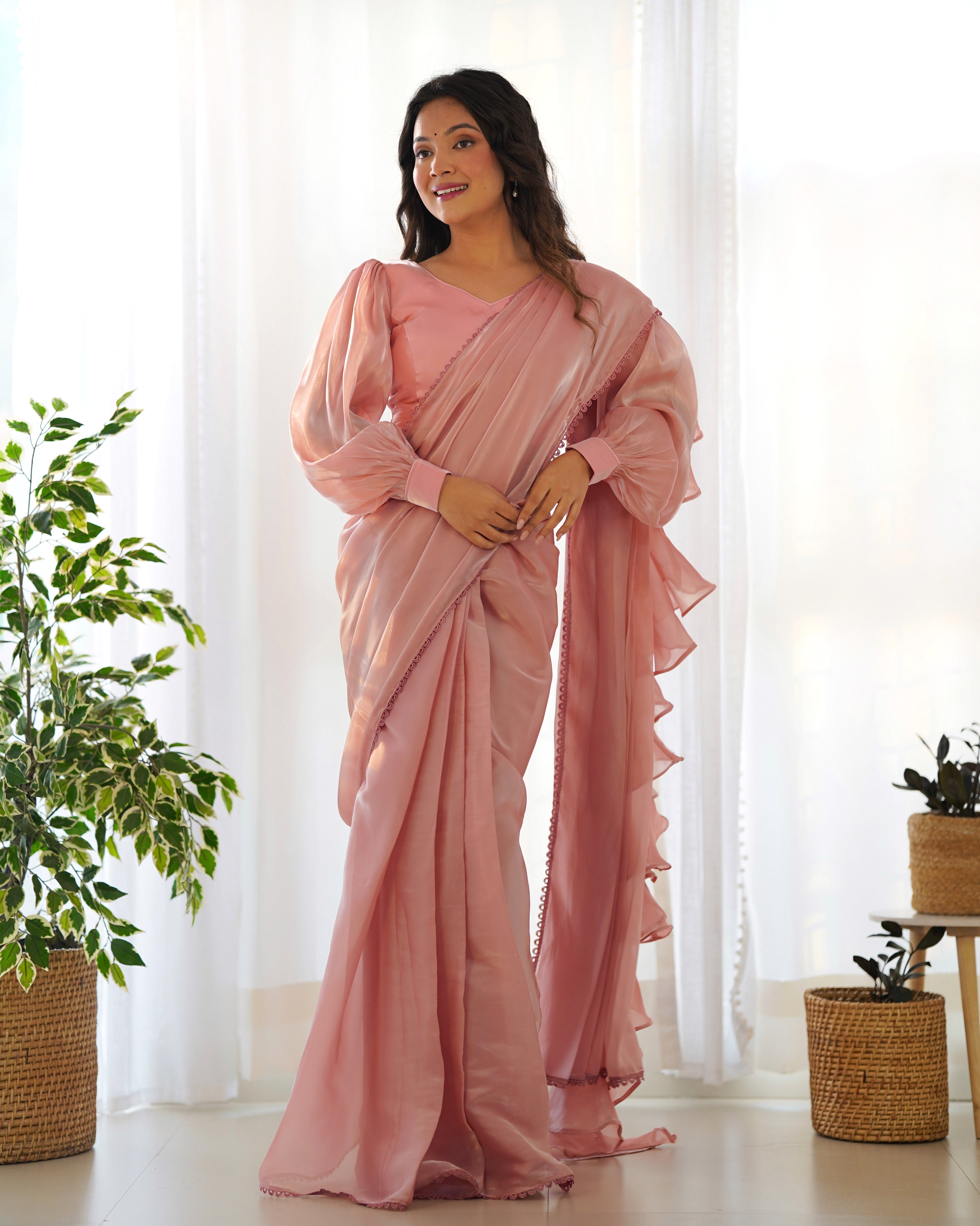 pink ruffle saree 
