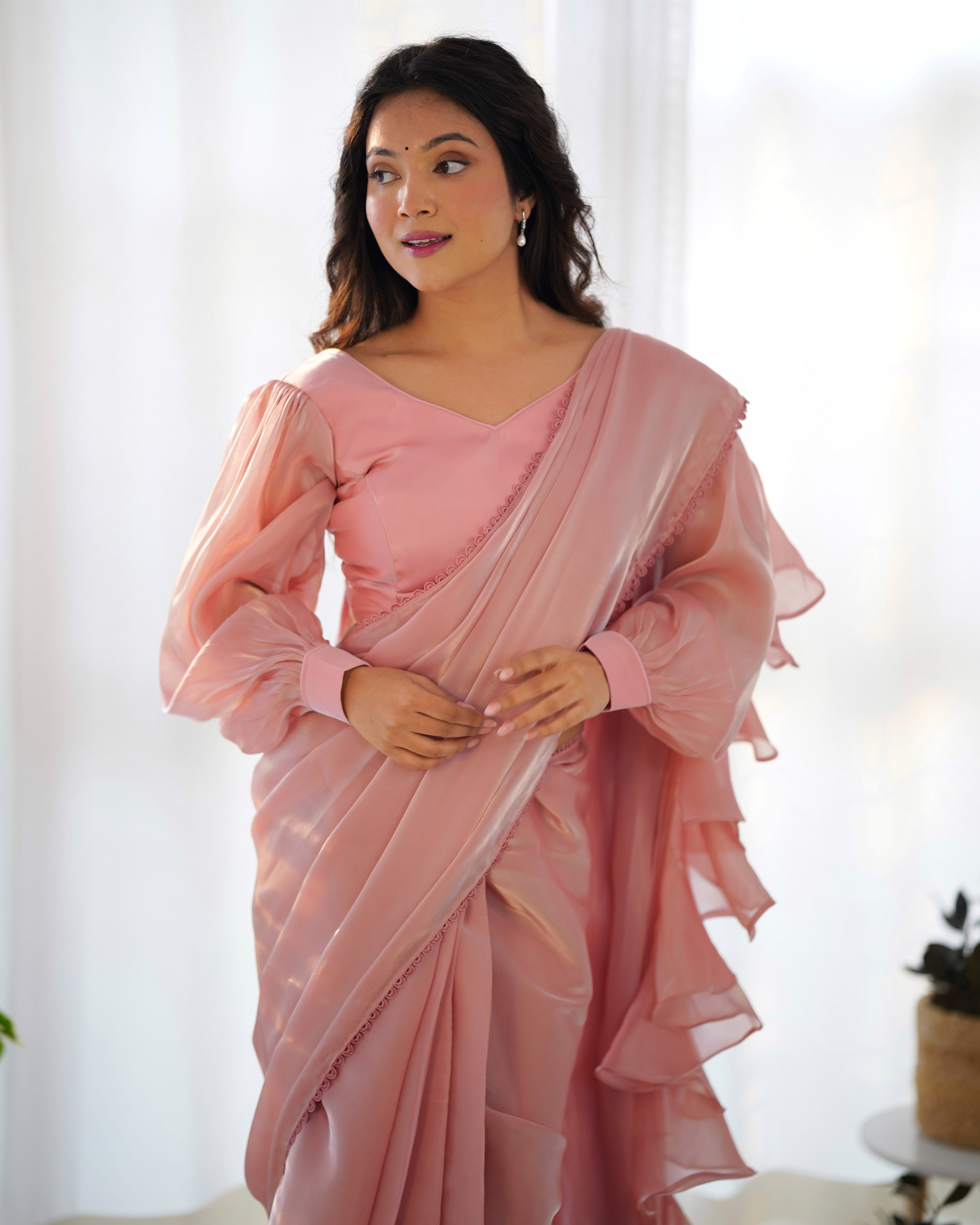 pink ruffle saree 