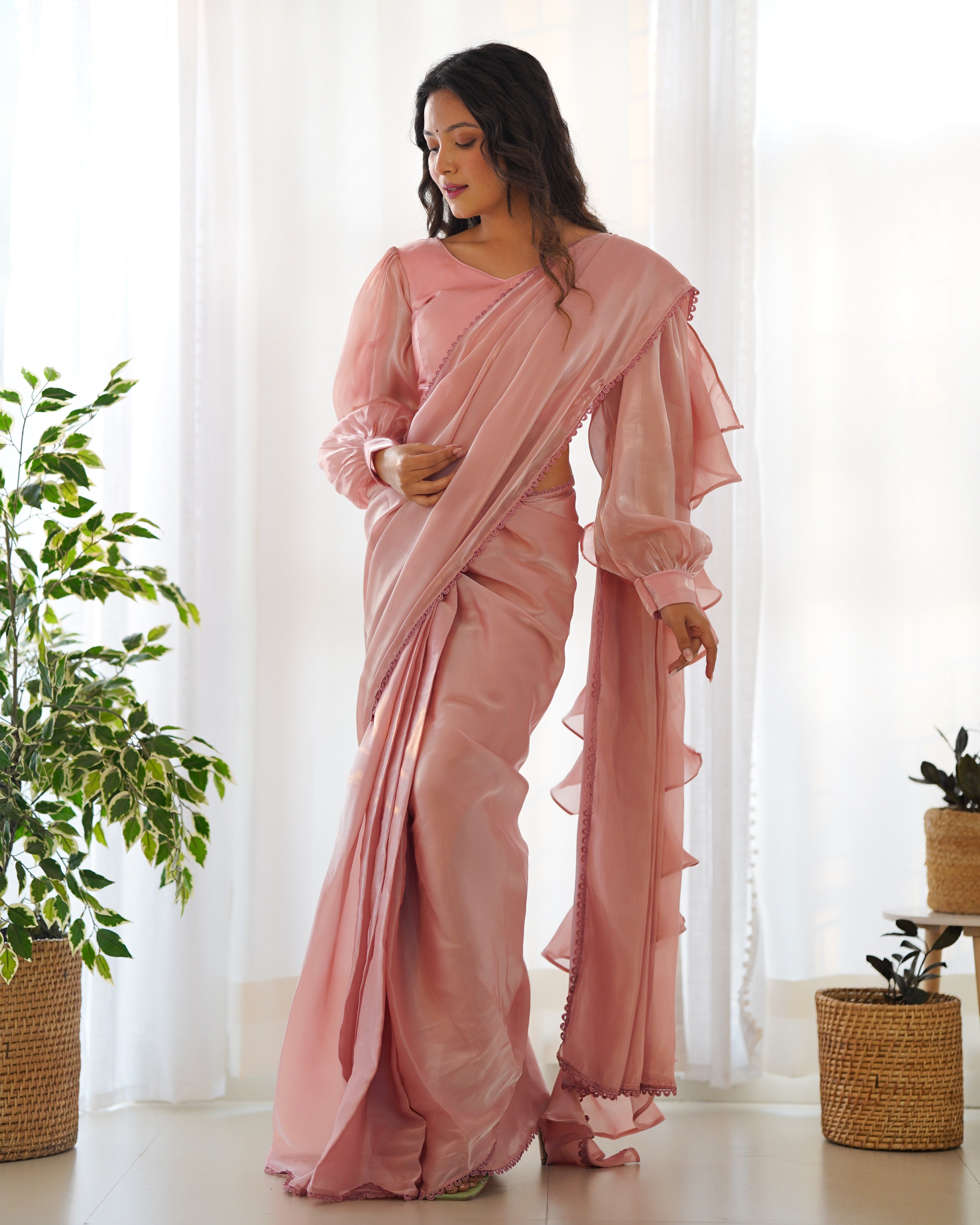 pink ruffle saree main