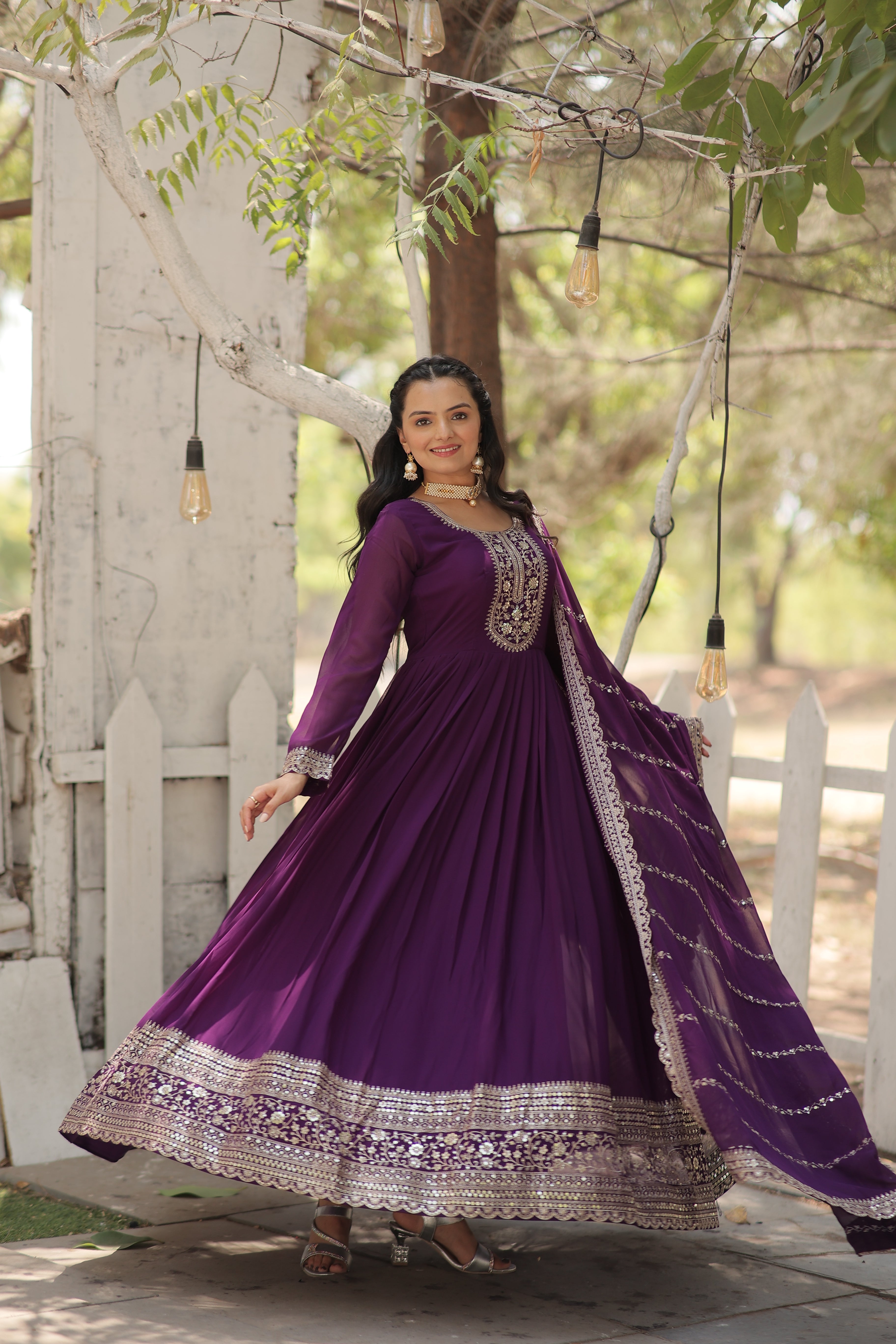 purple embroidered georgette gown with dupatta 