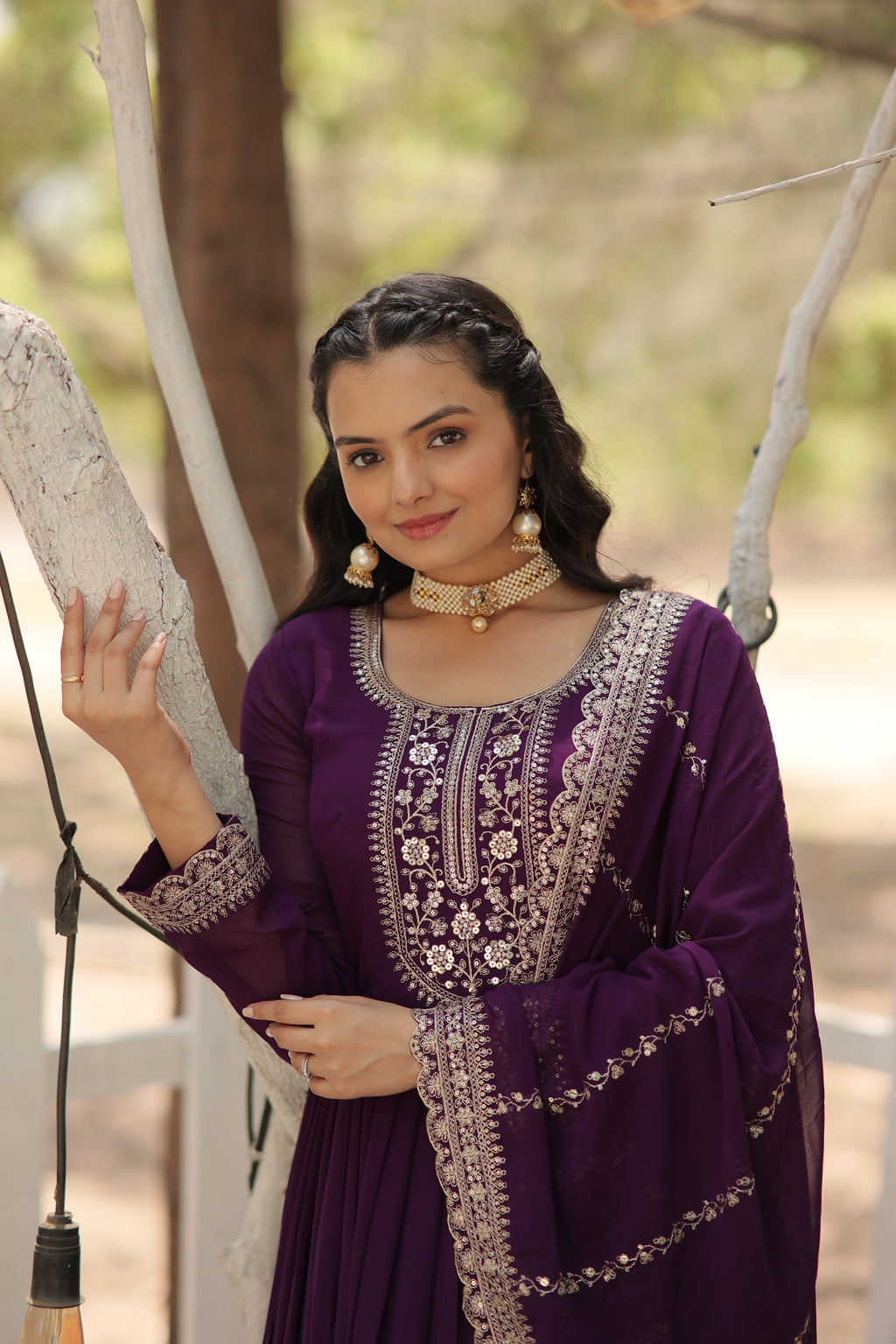 purple embroidered georgette gown with dupatta 