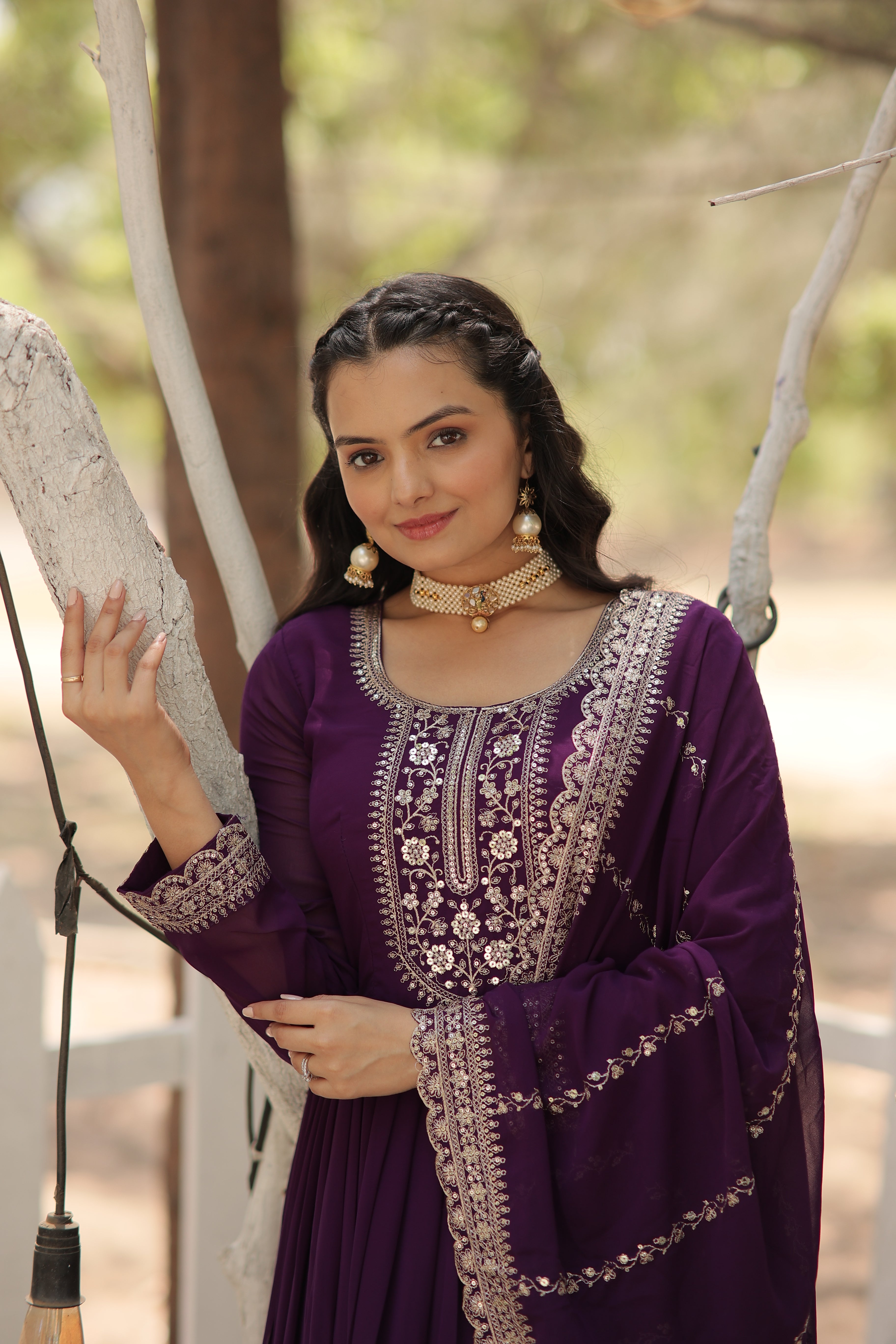 purple embroidered georgette gown with dupatta 