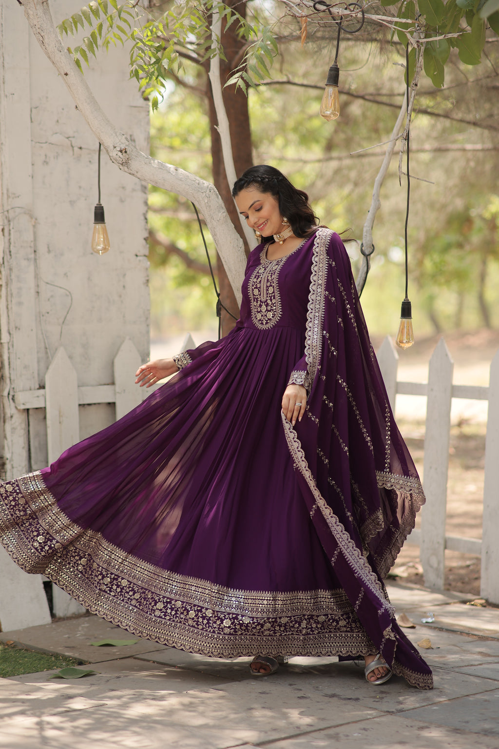 purple embroidered georgette gown with dupatta 