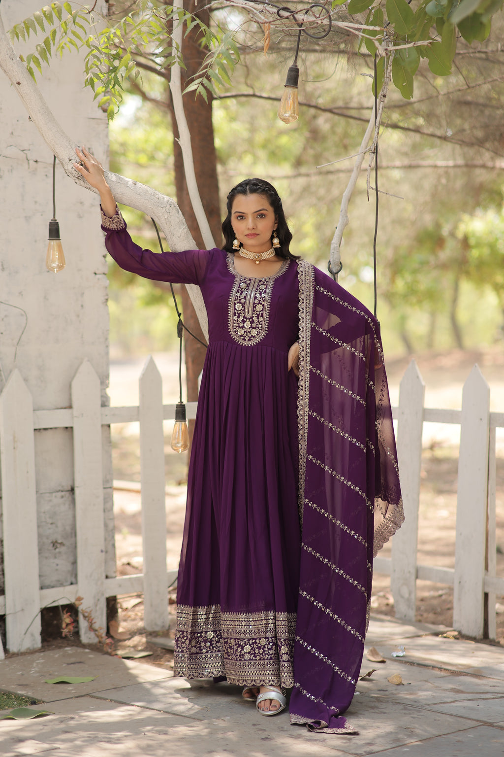 purple embroidered georgette gown with dupatta main