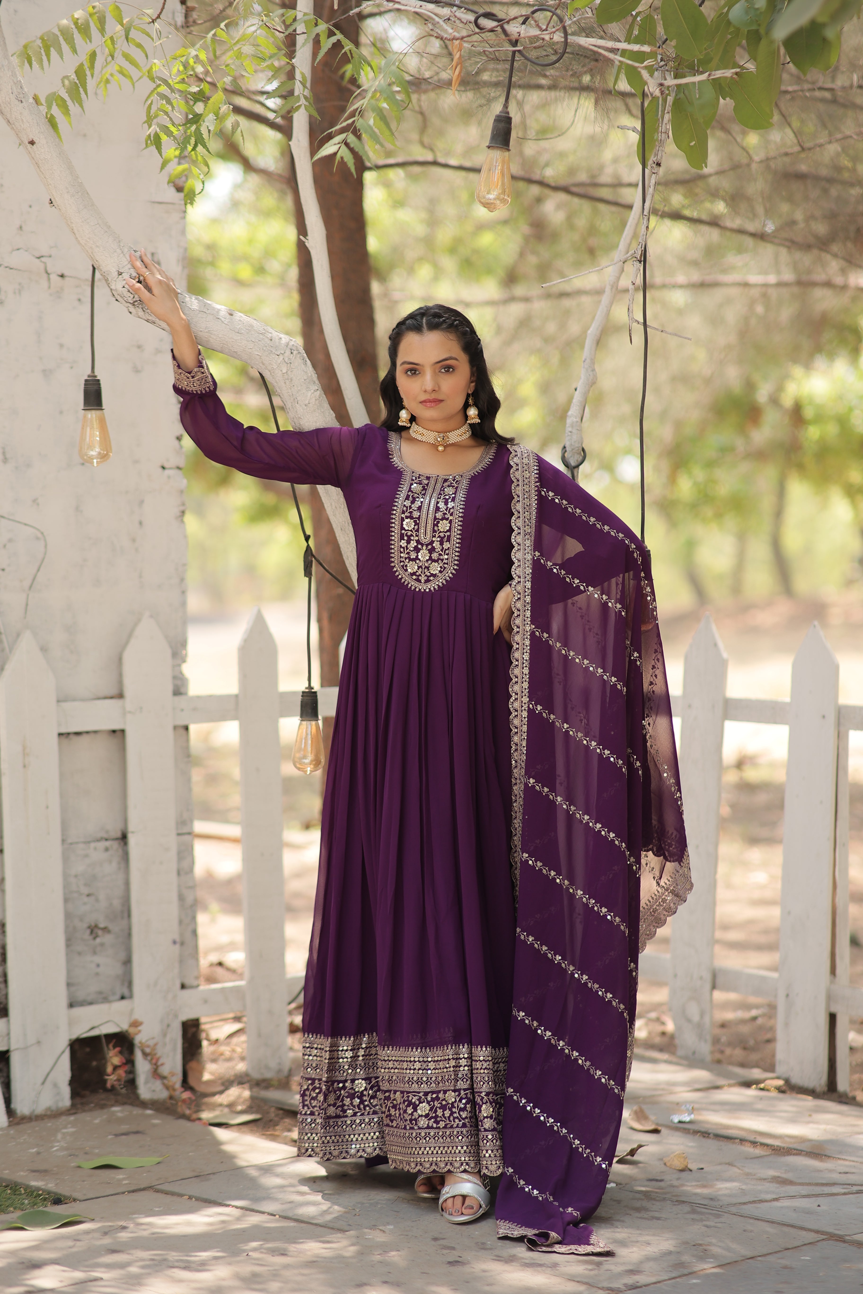 purple embroidered georgette gown with dupatta main