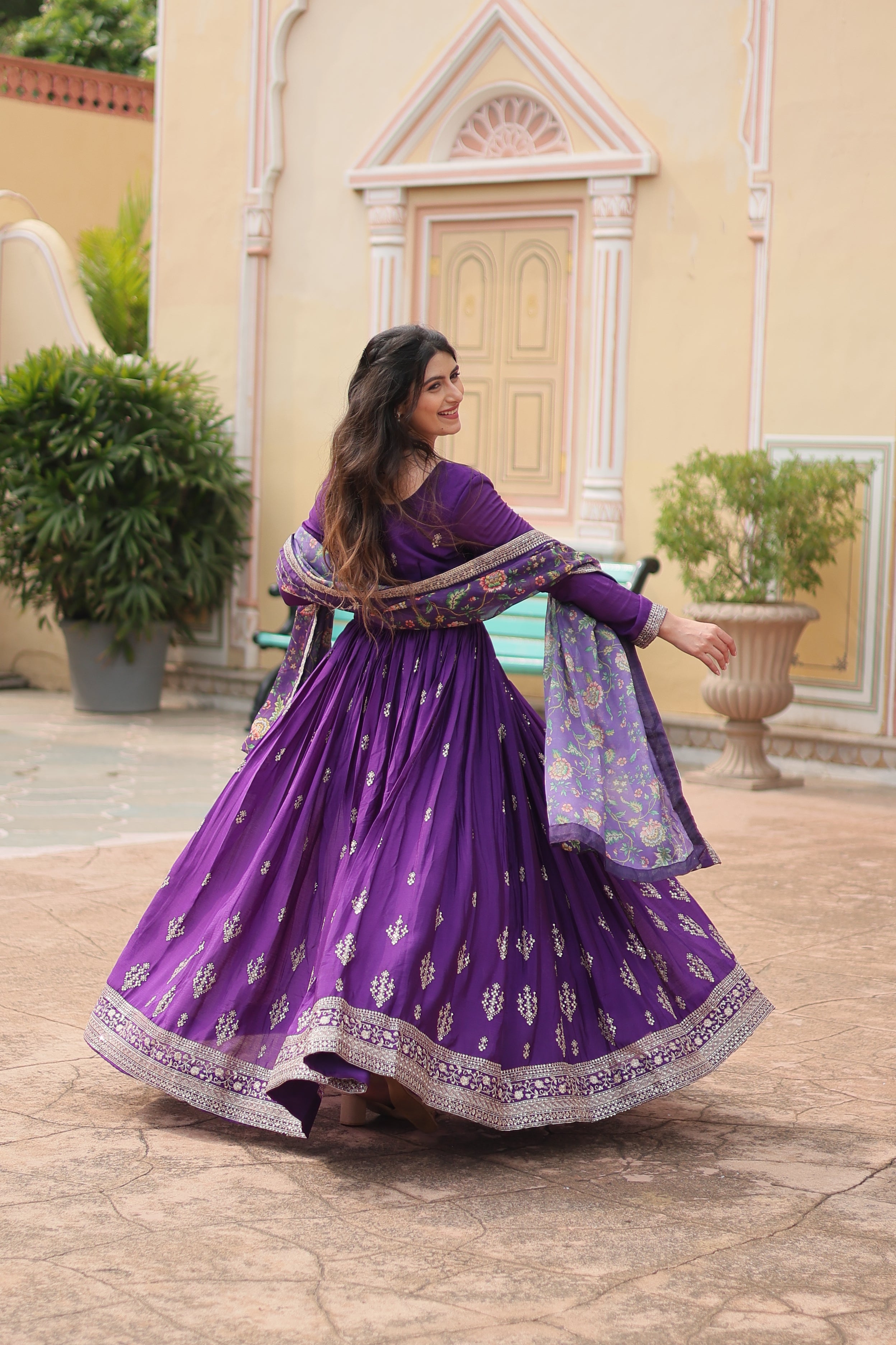 purple embroidered gown with dupatta 2
