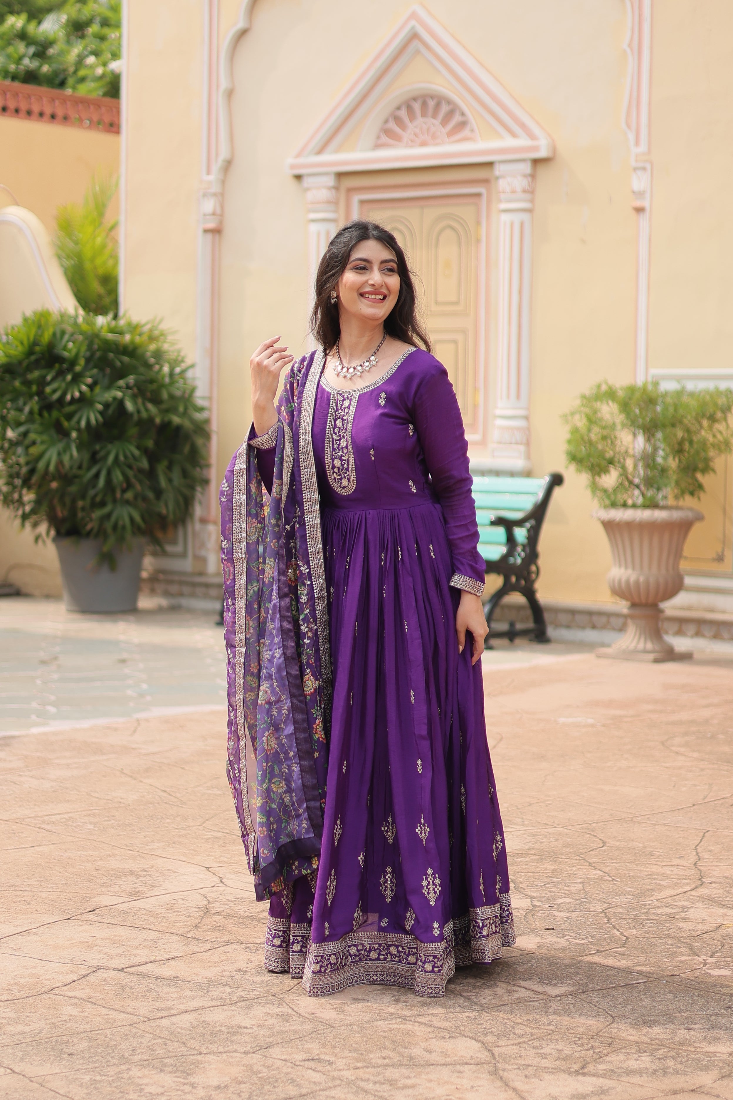 purple embroidered gown with dupatta 