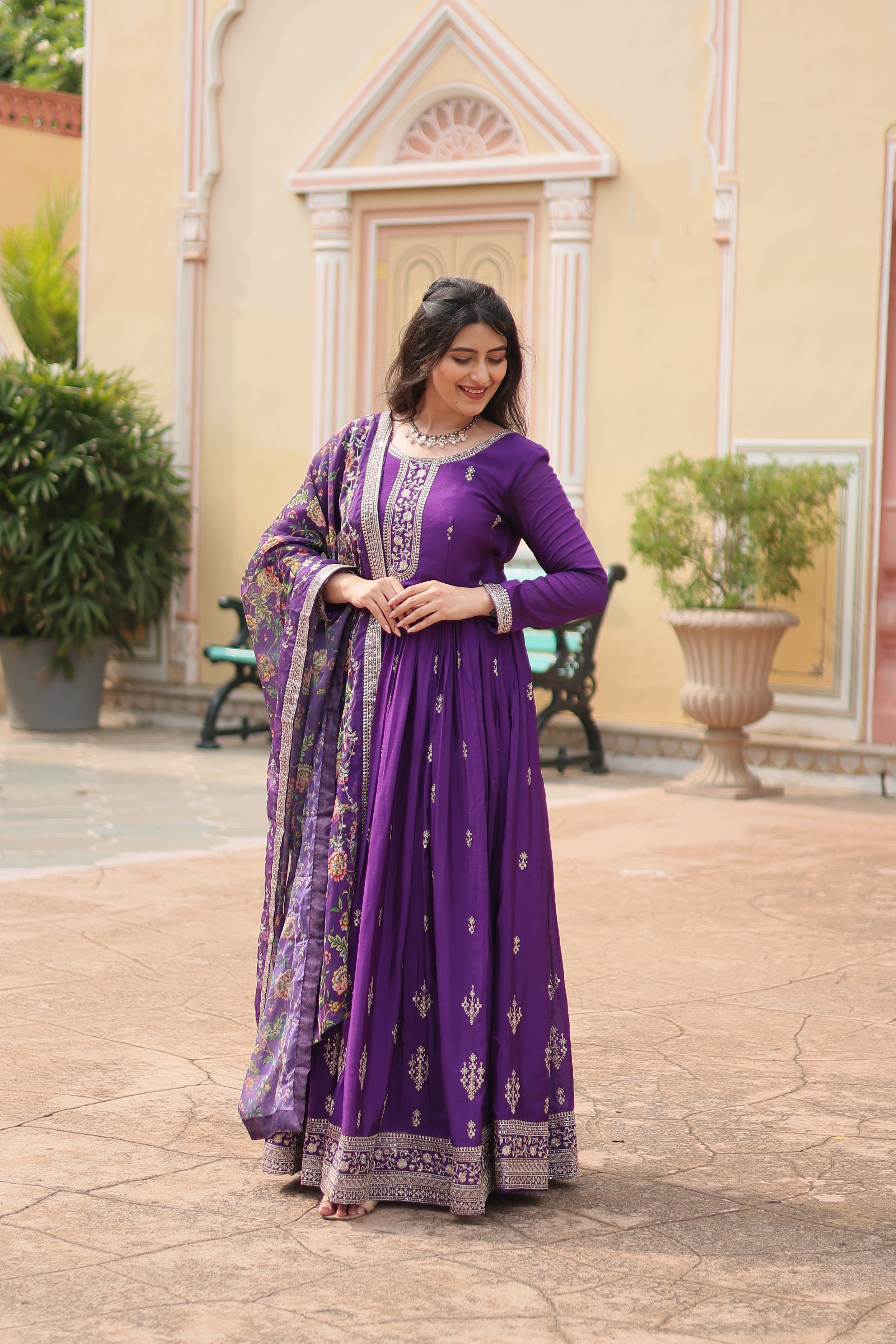purple embroidered gown with dupatta 
