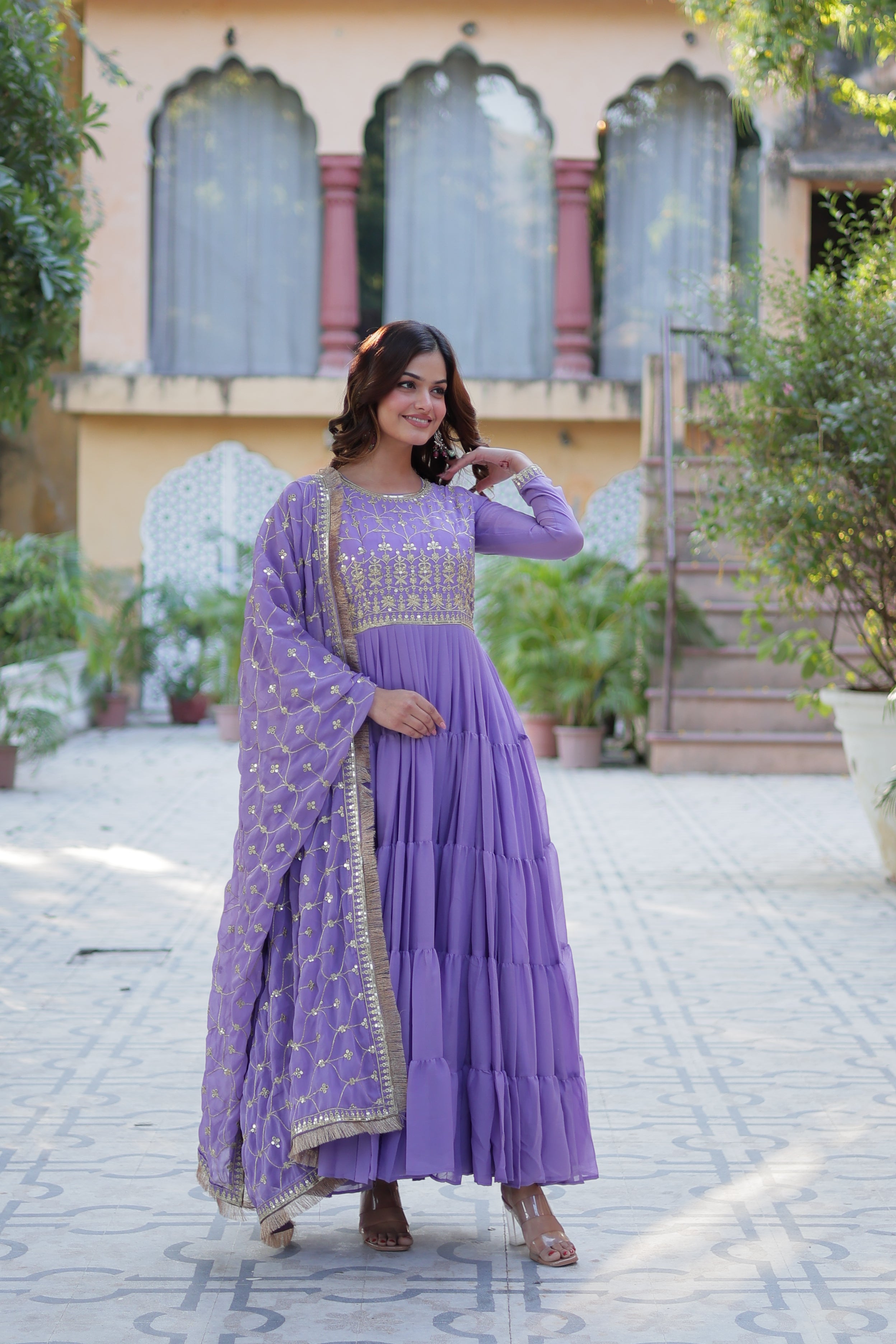 purple gown with dupatta 
