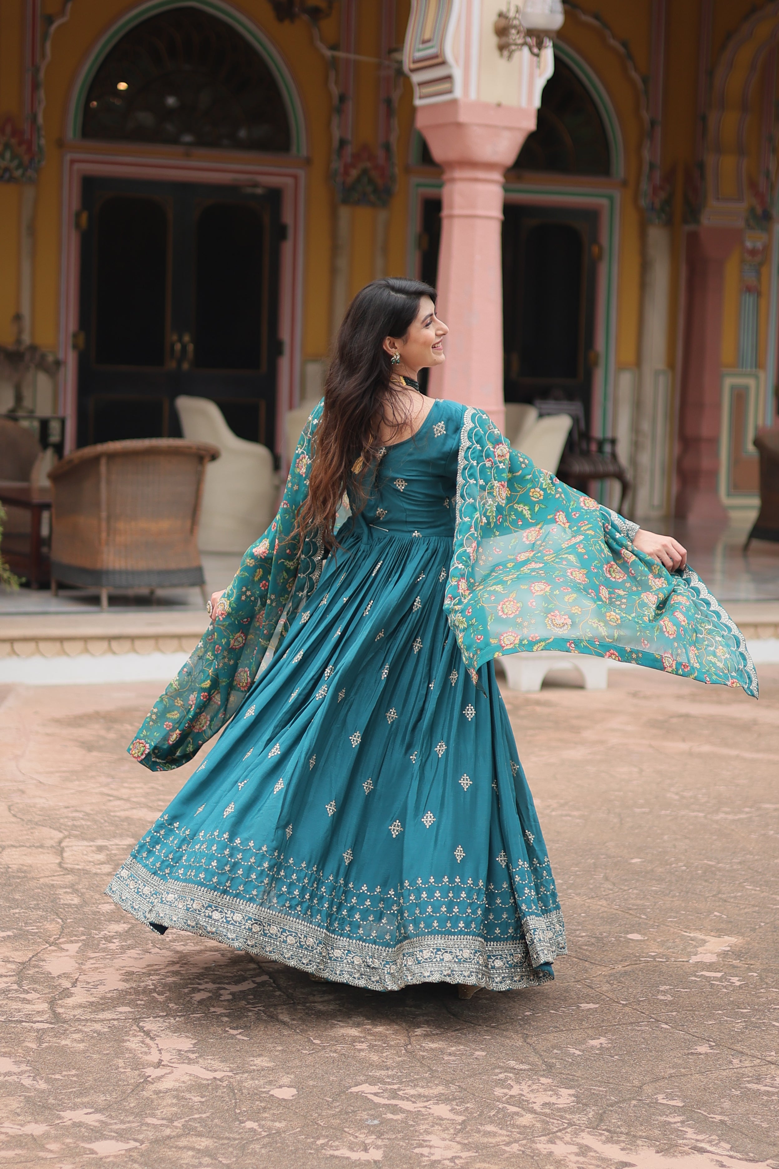 rama embroidered gown with dupatta 