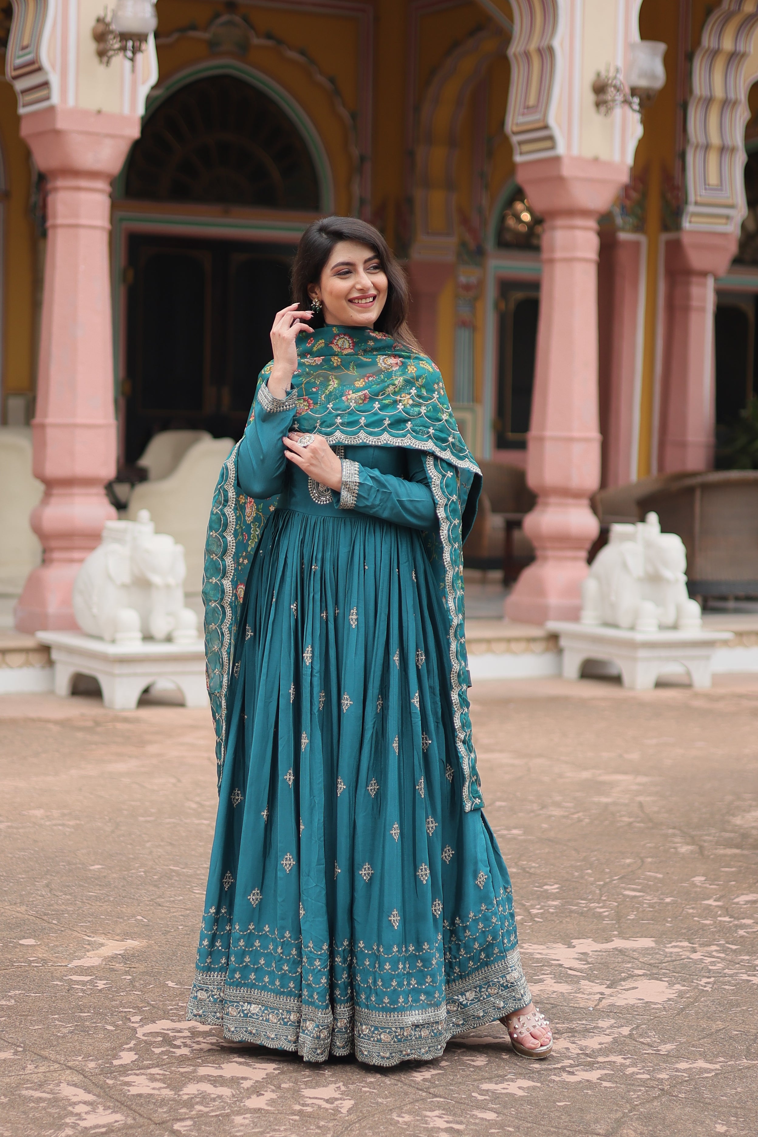 rama embroidered gown with dupatta 