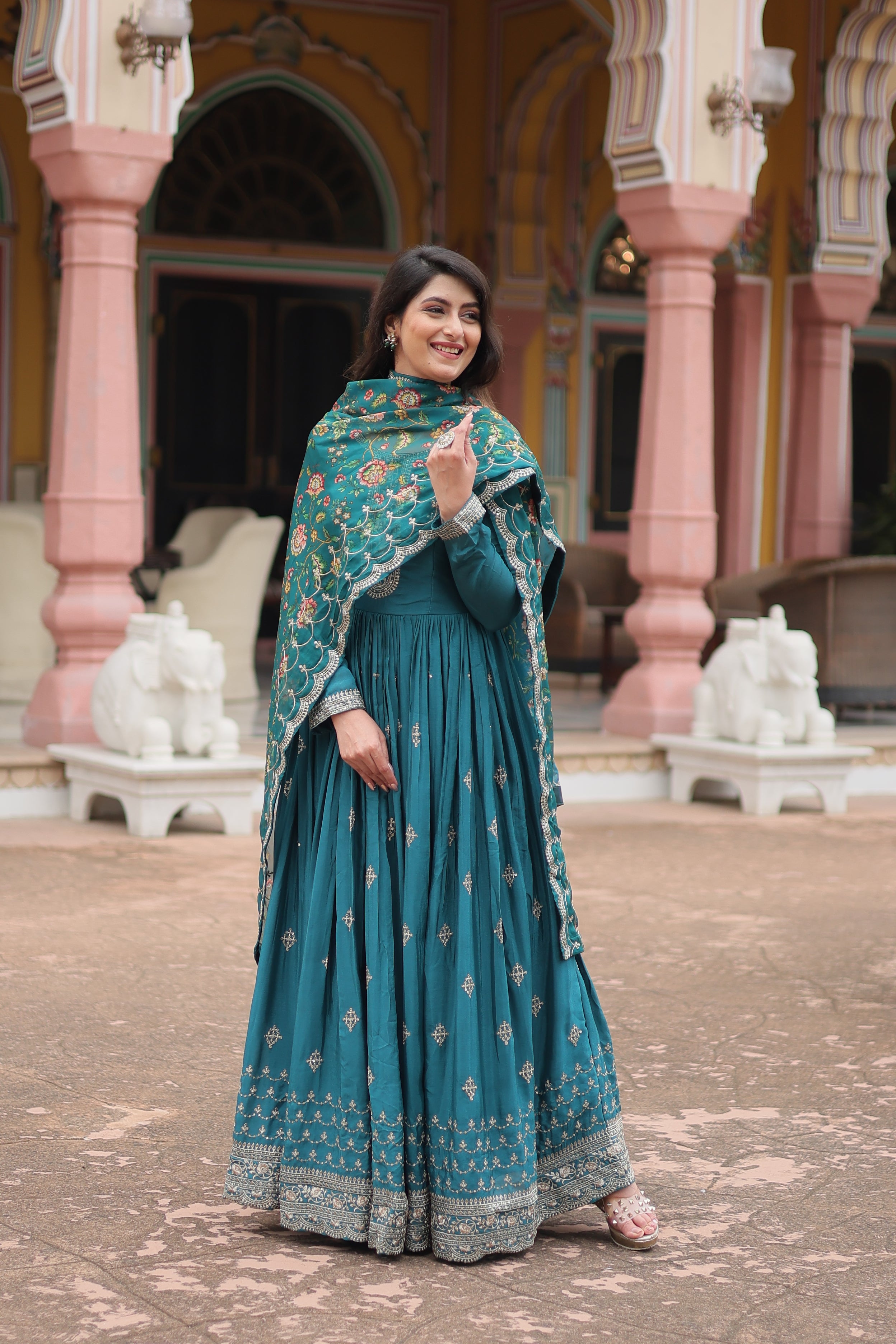 rama embroidered gown with dupatta 