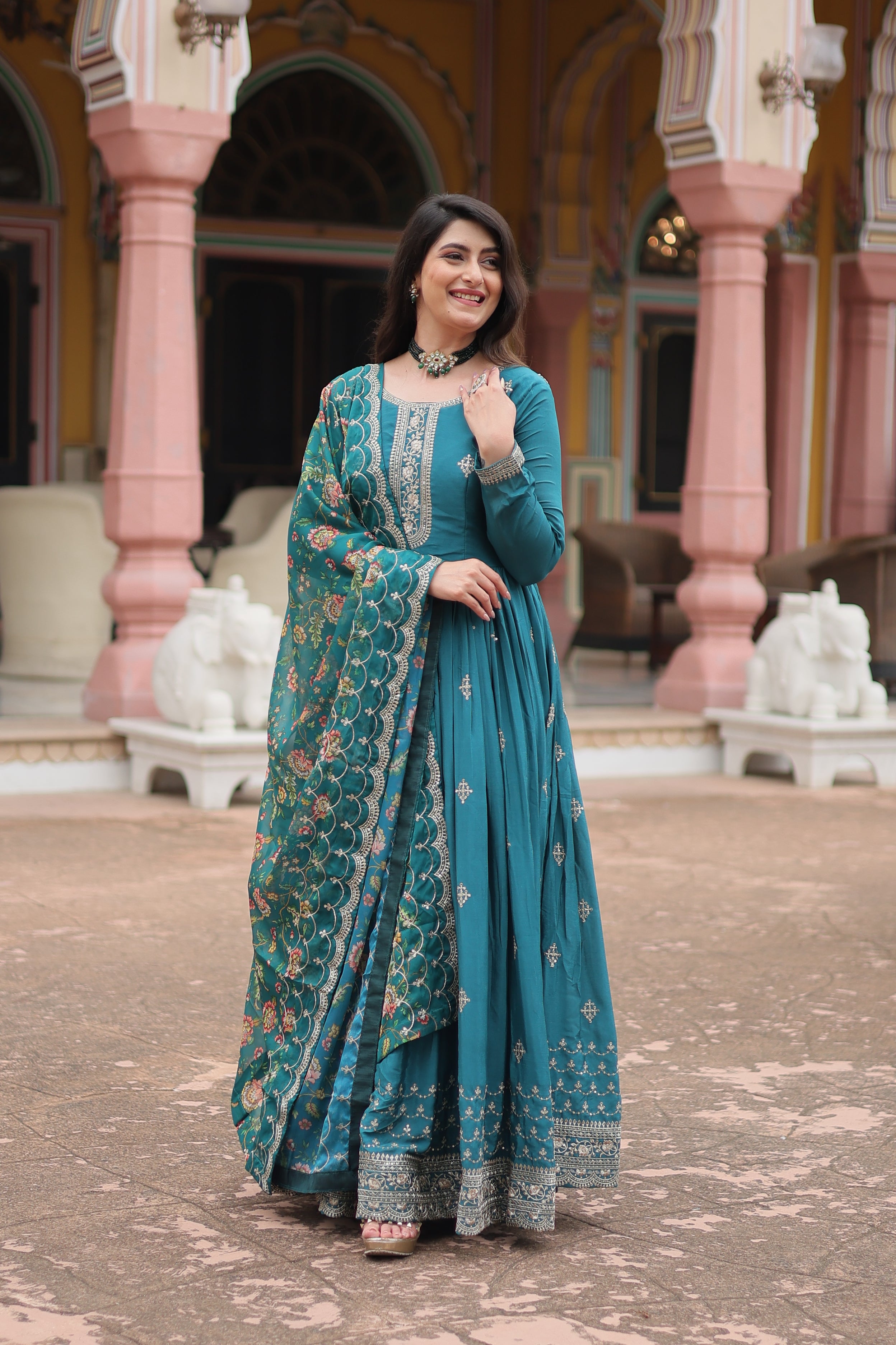 rama embroidered gown with dupatta main