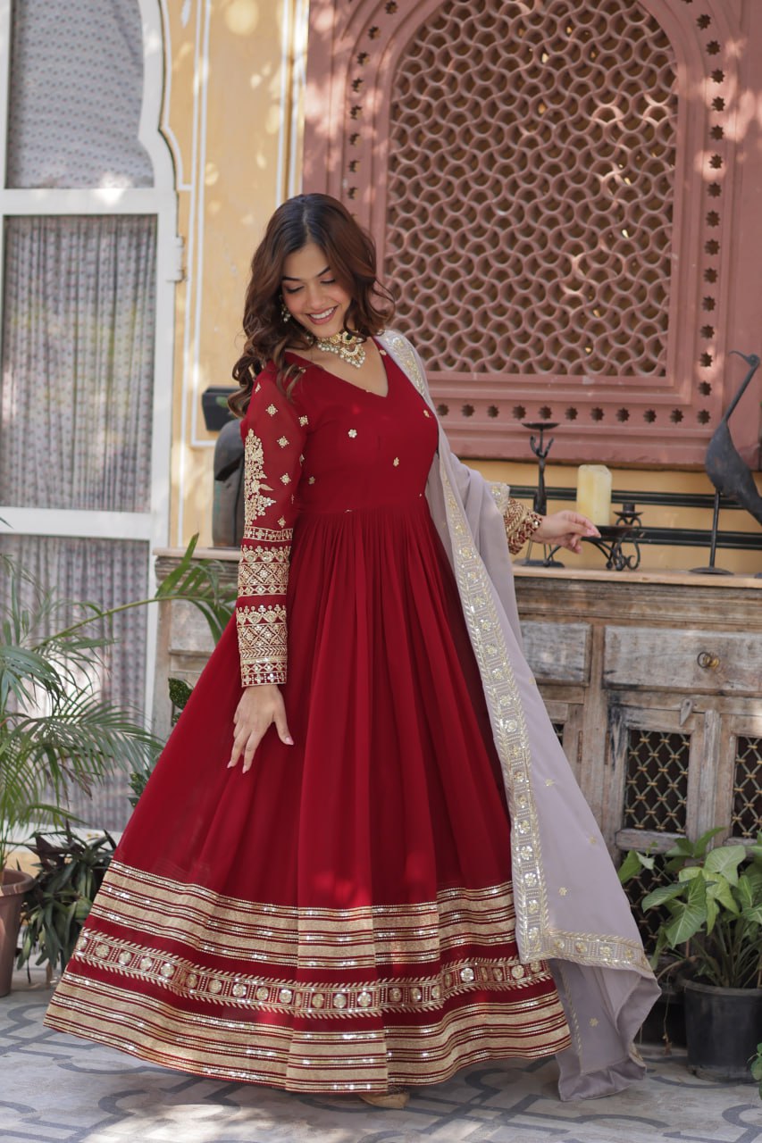 red embroidered gown 